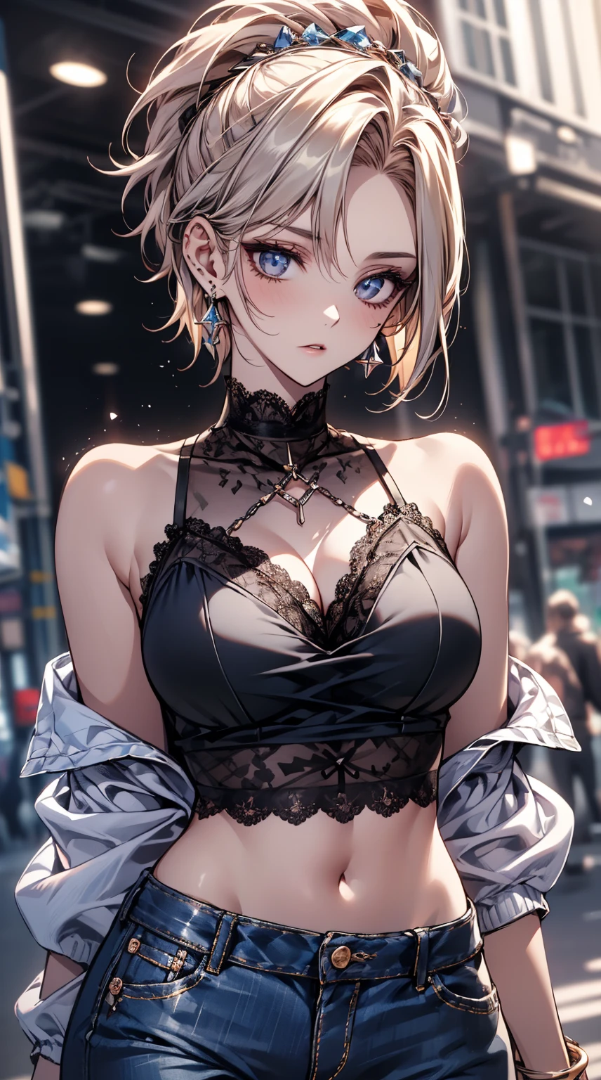 upper body photo of a beautiful woman, handling smartphones in the middle of the street, [see-through](short lace cami:1.47), fuge breast, big tits, (bare breast, breast cleavage), (narrow waist, perfect body curve), luxury waist chain accessories, dark Navy crashed denim, earring, sharp focus, (tall body, adult woman), ((looking at away:1.2)), (high detailed skin, skin pores:1.4), (correct anatomy:1.5, ideal ratio of body proportions:1.1),