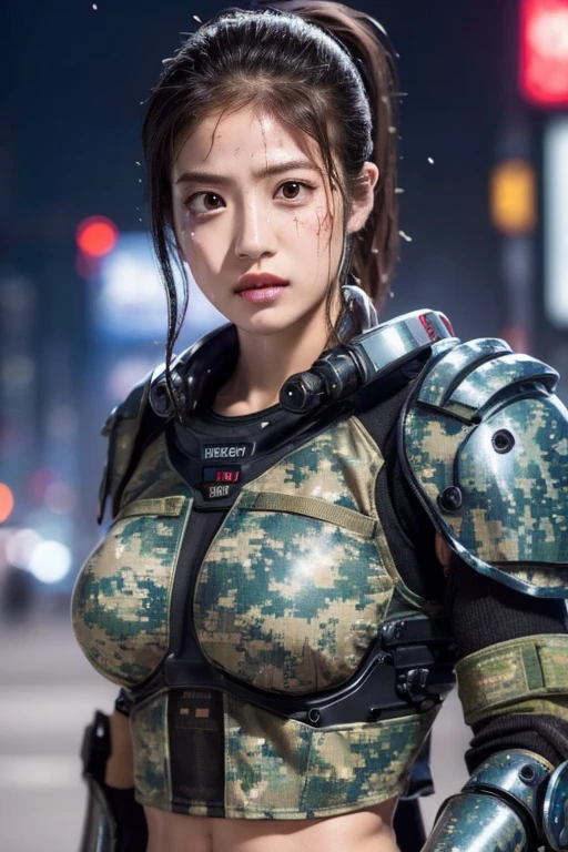 extremely detailed 16K CG unity wallpaper, (raw photograph, photorealistic:1.3), (cyberpunk:1.5), professional photo, cinematic lighting, depth of field, sharp focus, highest quality, masterpiece, authentic, best resolution, pov, grotesque, (intricately detailed face, ultra-realistic skin texture:1.5), ((correct anatomy, from front view:1.3)), 1 girl, ((female soldier with mechanized body:1.5)), solo, (cowboy shot:1.2), looking at viewer, (beautiful girl:1.5), black hair, (short hair, ponytail:1.4), fairly detailed skin, (tan:1.2), (oil, sweat, wet skin:1.3), dark eyes, realistic and bright eyes, beautiful nose and lips, expressionless, (vomiting a lot of blood:1.4), ((camouflaged:1.4)), ((alloy armor:1.3)), (combat uniform:1.5), slender, beautiful breast, ((injured during battle, lethal wound of stomach, blood flowing from stomach wounds:1.5)), kneeling, (((outdoor, futuristic city, night, destroyed buildings, ruins:1.2)))