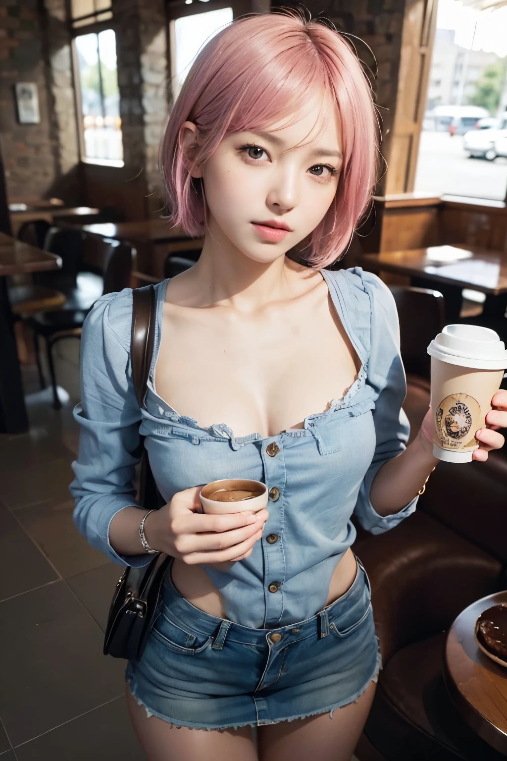(8K, top-quality, masterpiece:1,2), (reallistic, Photorealsitic:1.37), Super Detail, One girl,), (Highly detailed), (beautifully detailed eyes), (of the highest quality), (super detailed ), (masterpiece), (Detailed face),20yr old, ,1 girl, full body, pink hair,Very short hair, medium breasts, clothed, Perfect Lighting, pussy and breast focus, looking at viewer, aroused face, naughty face, (african aborigine, waitress, clothed) , cafe, holding a tray in hand, coffee on the tray