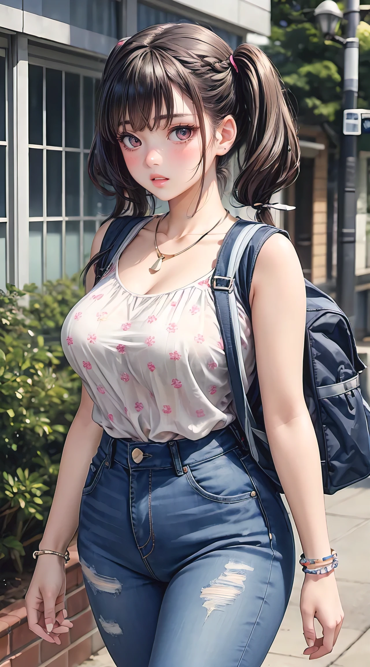 (masterpiece, best quality), perfect slim fit body, thick thighs, nice breasts, braided twintails, printed sleeveless cropped blouse, jeans, necklace, bracelets, backpack, big gorgeous eyes, parted lips, blush, walking pose, college compound, natural lighting