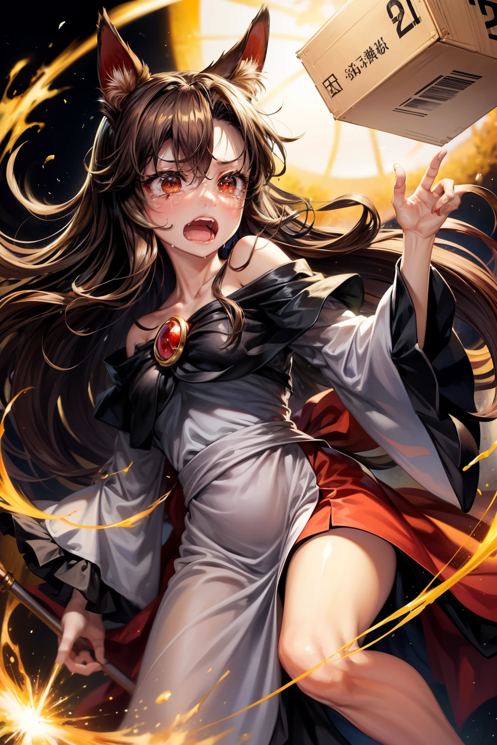 (masterpiece, top quality, best quality, beautiful and aesthetic:1.2), imaizumi kagerou, 1girl,animal ears, brown hair,long hair,red eyes,brooch, wolf tail,long sleeves,dress,, japanese architecture, surprised, :o, beam, laser, glaring body, open box, box, open mouth, jaw drop, wide-eyed, panicking, horrified, screaming, sobbing, traumatized, turn pale, wavy mouth, glowing, glow, outer glow,
