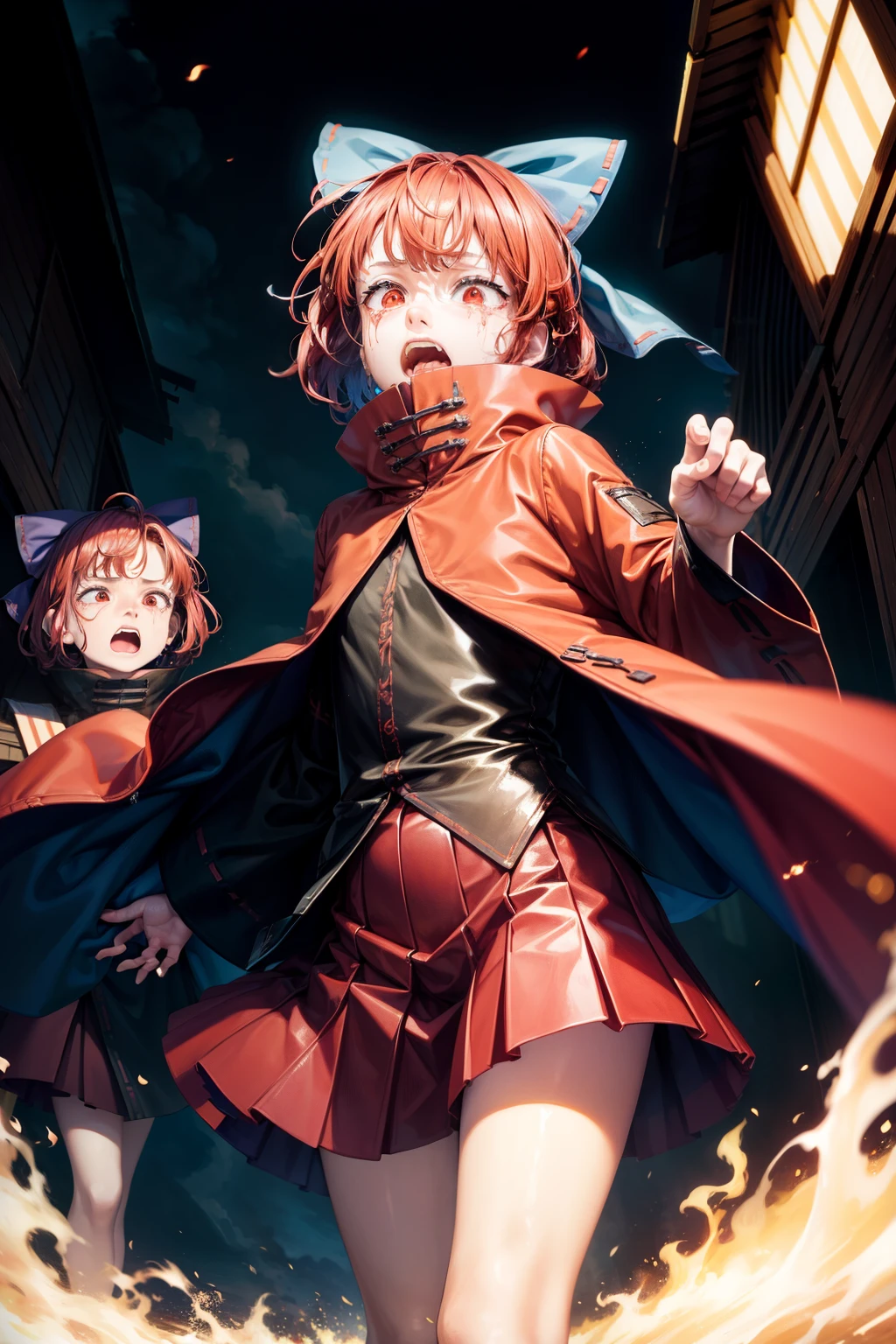 (masterpiece, top quality, best quality, beautiful and aesthetic:1.2), sekibanki, 1girl,red hair,hair bow,red eyes,short hair,cape,long sleeves, shirt,skirt, japanese architecture, surprised, :o, beam, laser, glaring body, open box, box, open mouth, jaw drop, wide-eyed, panicking, horrified, screaming, sobbing, traumatized, turn pale, wavy mouth, glowing, glow, outer glow