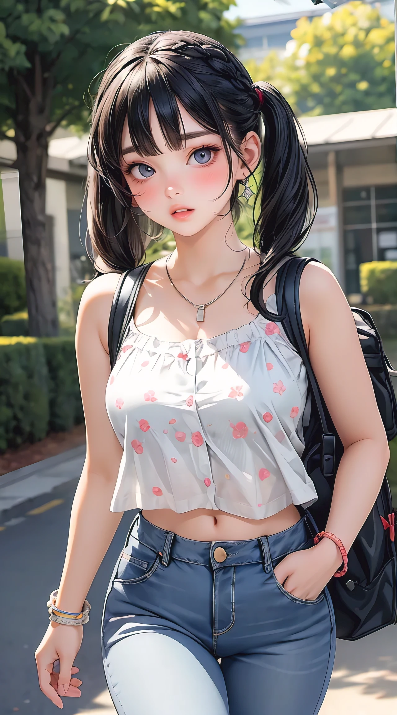 (masterpiece, best quality), perfect slim fit body, thick thighs, nice breasts, braided twintails, printed sleeveless cropped blouse, jeans, necklace, bracelets, backpack, big gorgeous eyes, parted lips, blush, walking pose, college compound, natural lighting