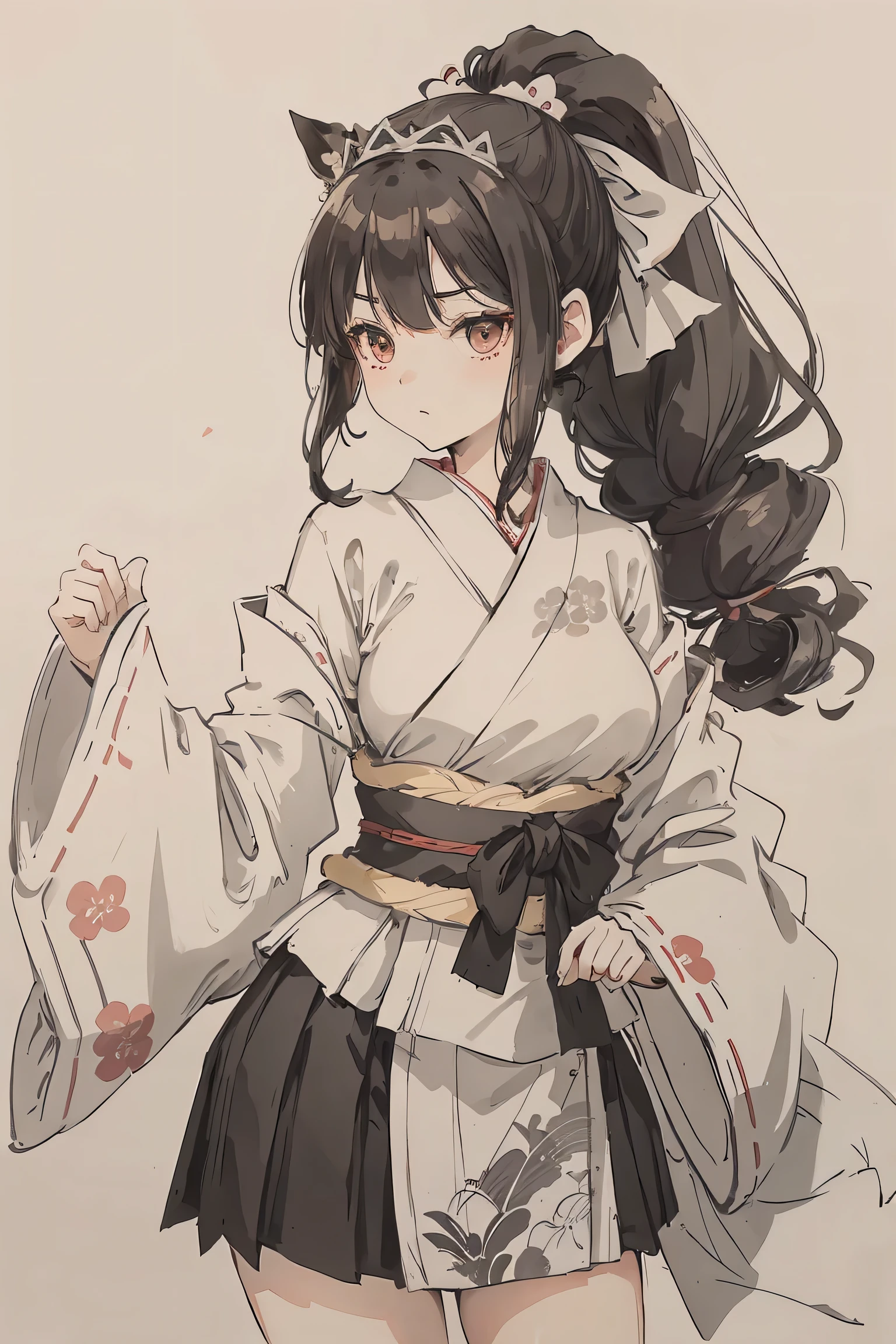 sparrow, a black haired girl, wearing a white floral printed kimono, curly medium hair, black skirt, japanese princess, slim body, serious face, ponytail, medium breasts, she close her left eye, shirt ornament, hair ribbon, miniskirt, tiara, stocking