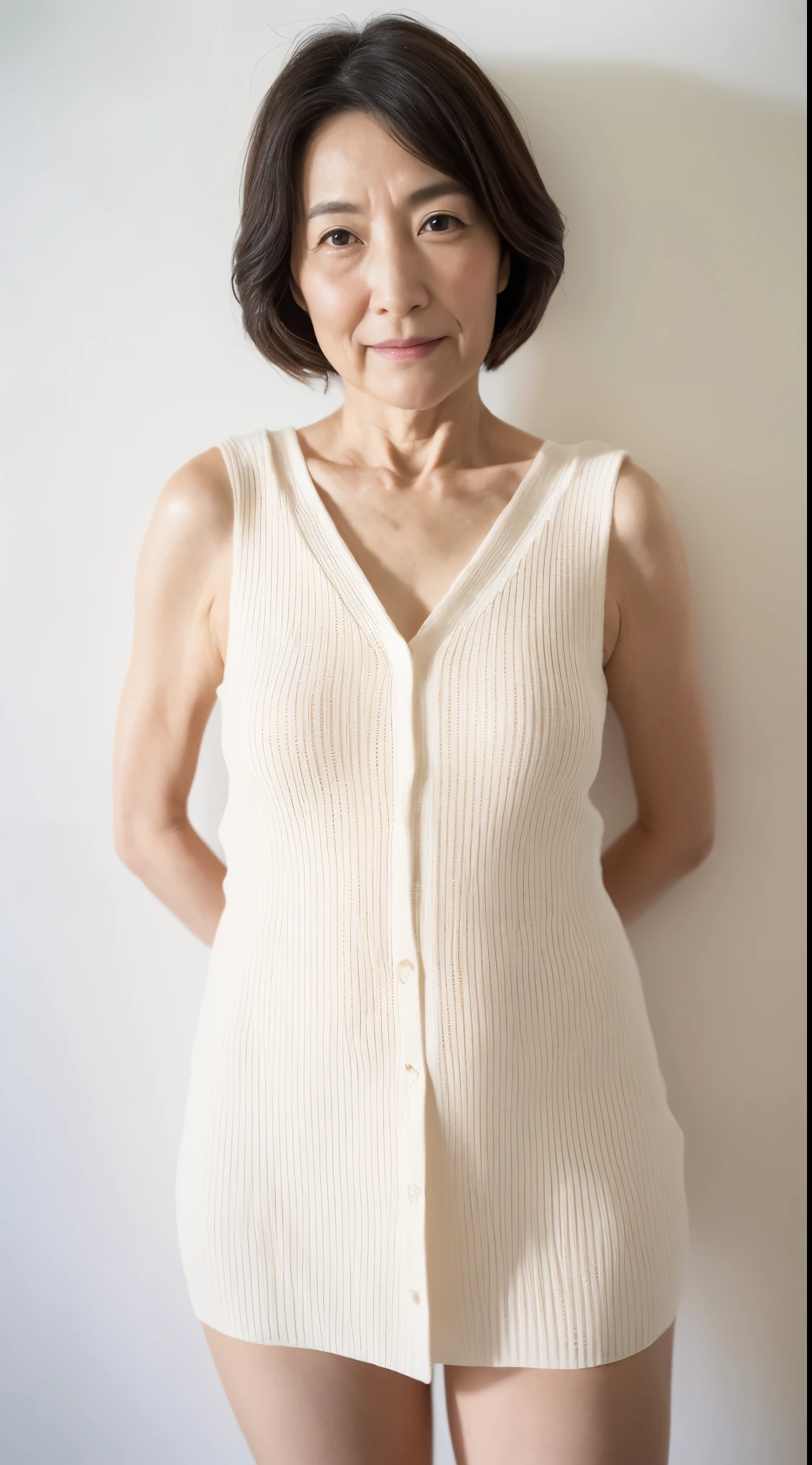 ((Highest quality)), ((8k)), ((masterpiece: 1.3)), (Perfect appearance), (Photorealism: 1.6), (JMA), (Who), (Genuine:1.4), 1 Mature Woman, Perfect Anatomy, 65 years old, ((Realistic skin texture)), (Fine lines on the skin), (Dull skin), (Facial wrinkles), (Wrinkles around the eyes), double eyelid, Tear bags under the eyelids, (corner of the eye), Thin eyebrows, Medium Long Hair, (Open Shoulder Daily Tank Top, Random Print), ((Standing posture: 1.3)), (Resort: 1.2),