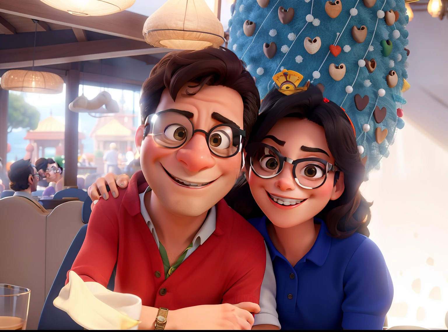 Pareja De Estilo Disney Con Gafas Sonriente En Restaurante.