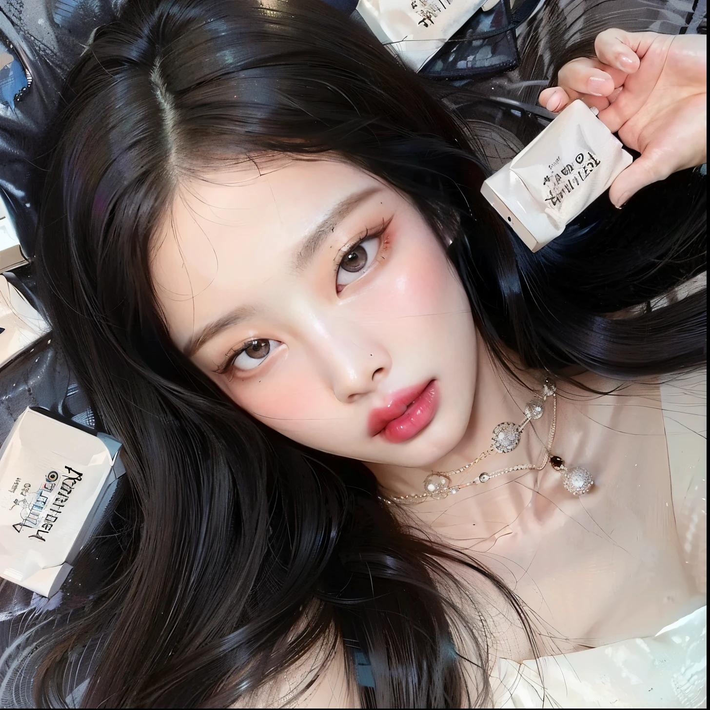 Hay una mujer acostada en una cama., maquillaje popular de Corea del Sur, piel Porcelana piel blanca, pale snow white skin, maquillaje coreano popular, Porcelana piel blanca, Hermosa Delphine, Labios claros y de alta calidad, porcelain pale skin, pale milky white porcelain skin, pale ivory skin, Jennie de BlackPink cara, Jennie De BlackPink, Jennie cara, big doll eyes, linda