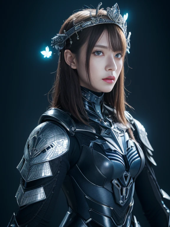 Surrounded by glowing butterflies，Masterpiece, Best quality, high resolution, 8K, Portrait, Realistic photo,（ Combine clothing with Korean fashion design），Digital photography, full bodyesbian, 1 16-year-old girl, (Cyborg), Beautiful blue-gray gradient long hair, Blue eyes, iintricate, Highly detailed, head gear，The crown of evil, Black dress, ,Silver metal exoskeleton armor, Intricate knightly hollow armor,power armour, Openwork design, mechanical structure, Photo pose, Solemn,, Red lips, From the movie《Final Fantasy XV》.Metallic texture, oc rendered，Reflective texture, ((Clothing cutting)), background inside dark，