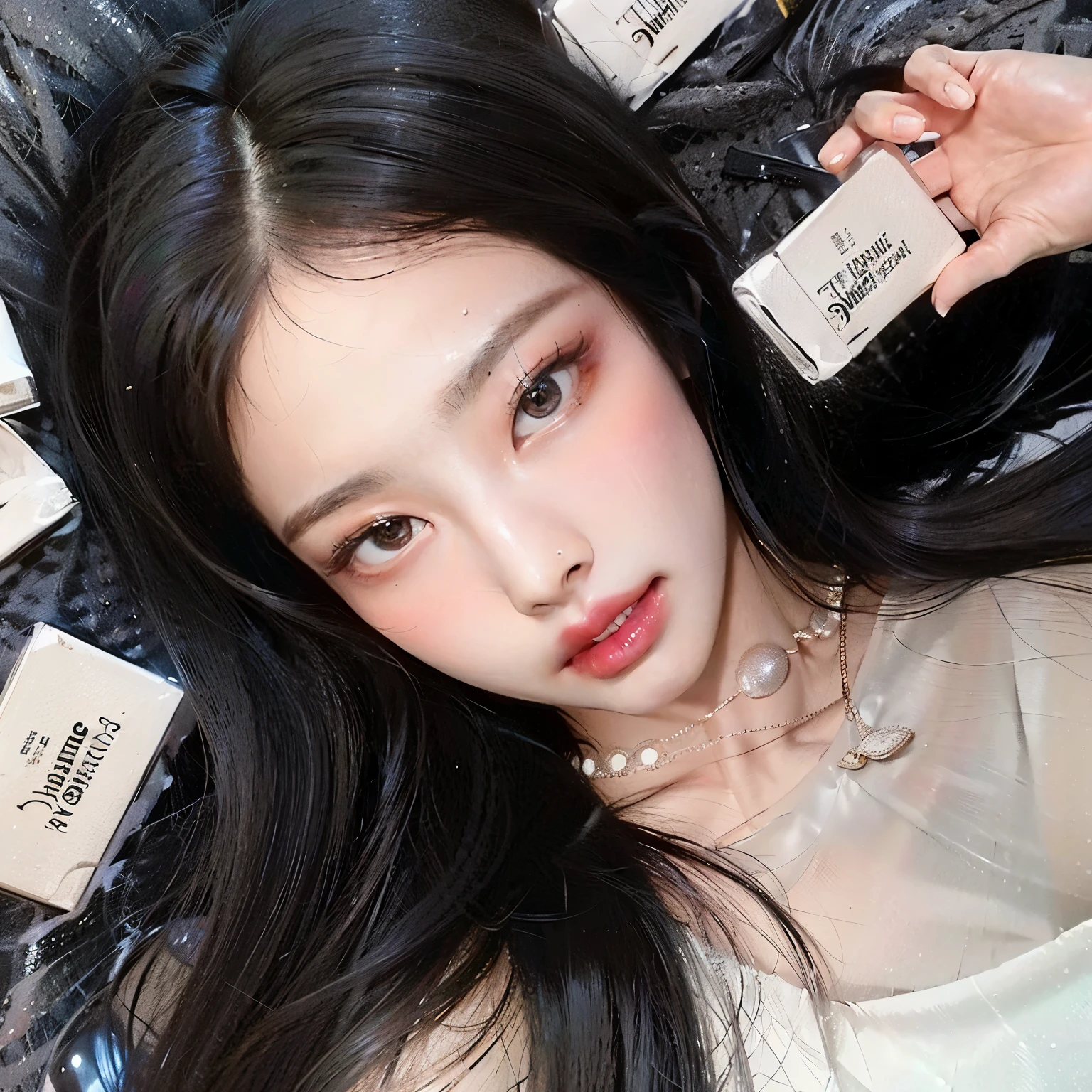 Hay una mujer acostada en una cama., maquillaje popular de Corea del Sur, pale Porcelana piel blanca, dilraba dilmurat, pale snow white skin, maquillaje coreano popular, Porcelana piel blanca, Hermosa Delphine, Labios claros y de alta calidad, porcelain pale skin, pale milky white porcelain skin, pale ivory skin, Jennie de BlackPink cara, Jennie De BlackPink