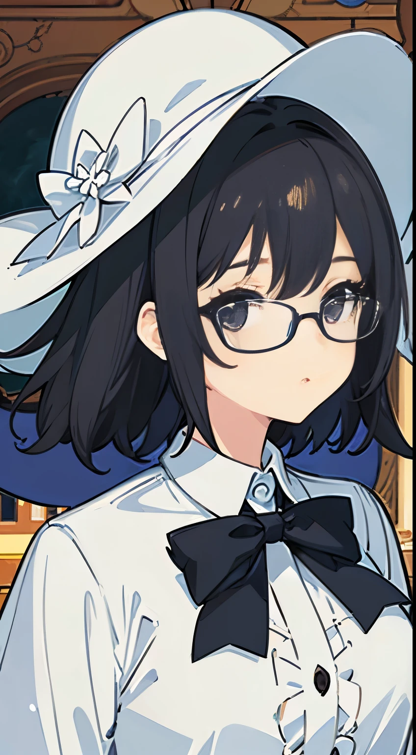 {masterpiece},{best quality},{1girl}, cute, Amazing, beautiful detailed eyes, black eyes, black hair, short hair, glasses, floppy hat, finely detail, Depth of field, extremely detailed CG, original, extremely detailed wallpaper, upper body, looking at viewer