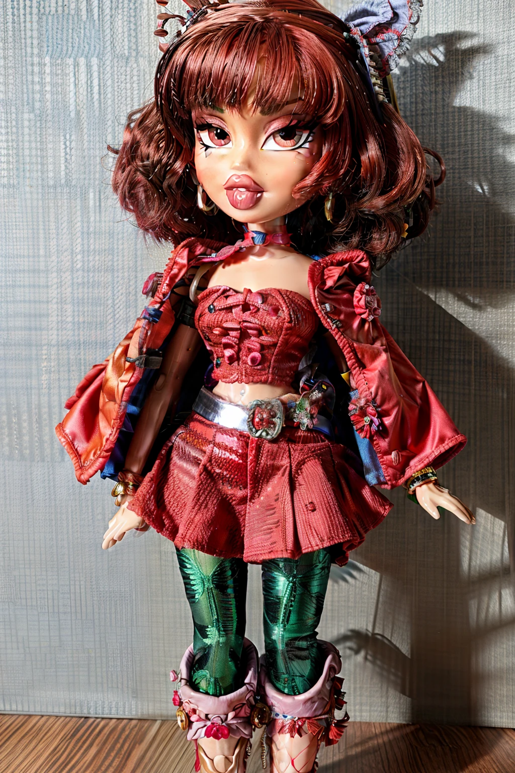 Bratz girl with detailed eyes and big lips and very short red hair, wearing versace colorful flowers dress and cape, full body , plastic skin , doll joints , ,(masterpiece, top quality, best quality, beautiful and aesthetic:1.2), sekibanki, green_hair, bow, ribbon, , doll, revealing clothes, big head, 1girl, solo, breasts, curvy, wide hips, narrow waist, joints, doll joints, cleavage, bursting breasts, huge breasts, lips, 1girl,red hair,hair bow,red eyes,short hair,cape,long sleeves, shirt,skirt,, midriff, full body, high heels, thighhighs, long legs, disembodied head,