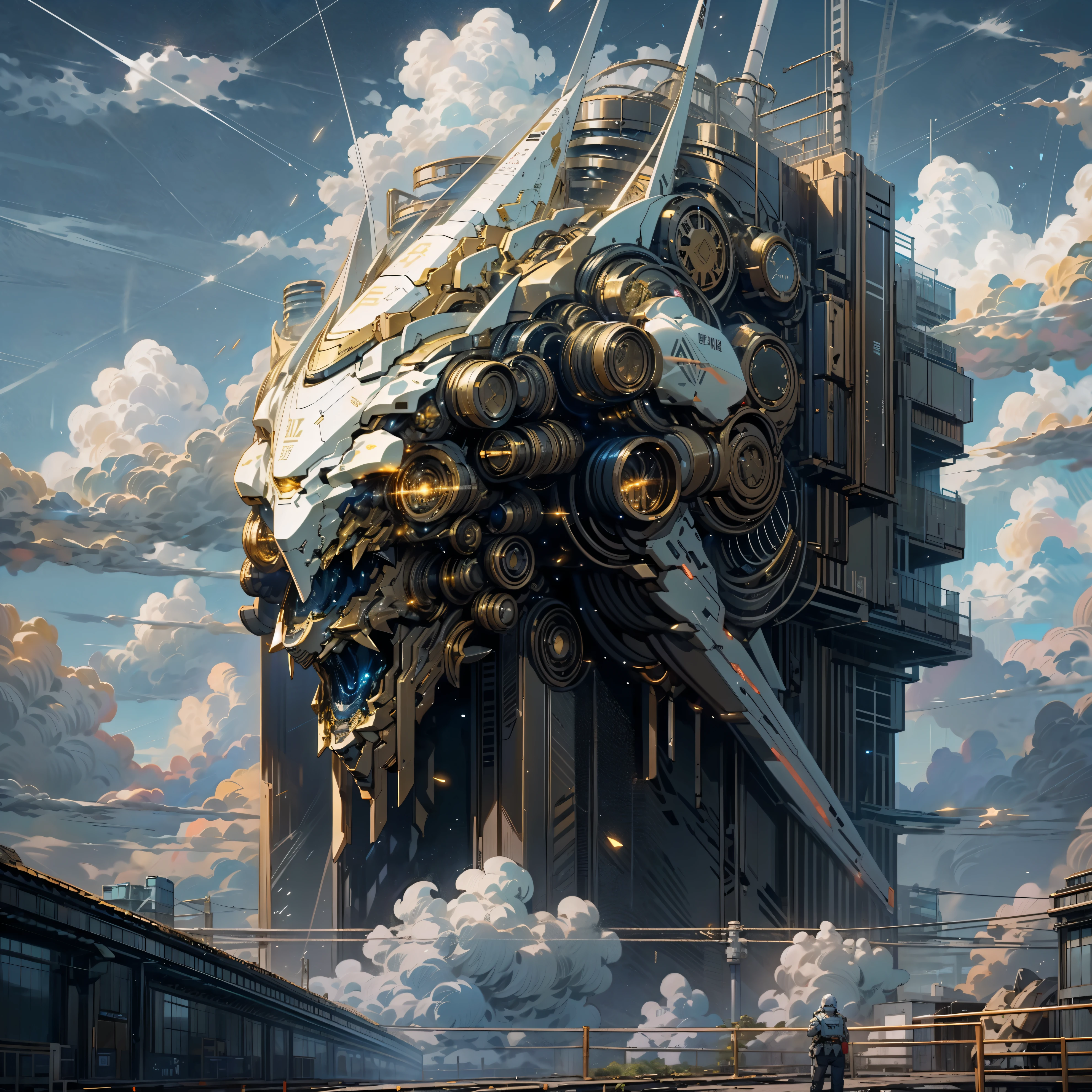 sky sky,cloudail_arma,The No_human character,with light glowing,,white robot,buliding,glowing_eyed,mechs,scientific fiction,城市,actual,人形mechs全身