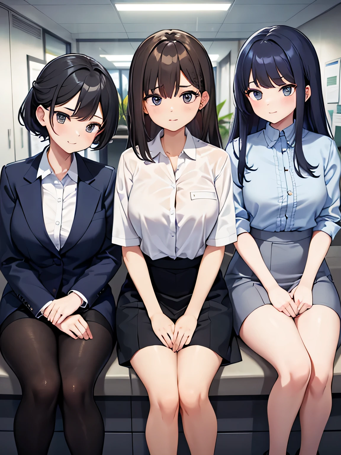 Three office ladies compete for one man.。The three women are wearing casual clothes..。three women looking at a man。The man is wearing a suit and looks nervous..。The location is the office。