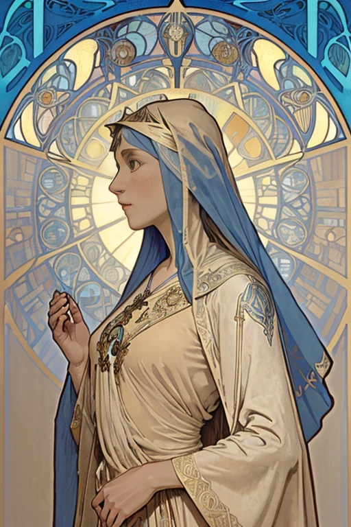 lithograph, profile of 1 female, solo, Beautiful slender Mother Mary, Small bust, ancient israeli female, (((beige robe, blue veil))), praying, halo, (((art nouveau art style, art by Alfons Mucha)))