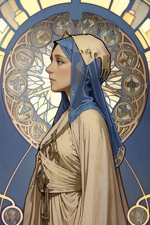lithograph, profile of 1 female, solo, Beautiful slender Mother Mary, Small bust, ancient israeli female, (((beige robe, blue veil))), praying, halo, (((art nouveau art style, art by Alfons Mucha)))