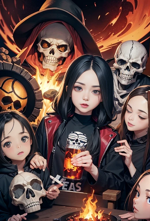 a close up of a skull with flames on it's face, flaming skull, fiery skull contemplating life, skull design for a rock band, flame, flaming grim reaper, heavy metal art style, ghost rider, heavy metal tshirt design, skull like, flames in the background, profile pic, phone wallpaper