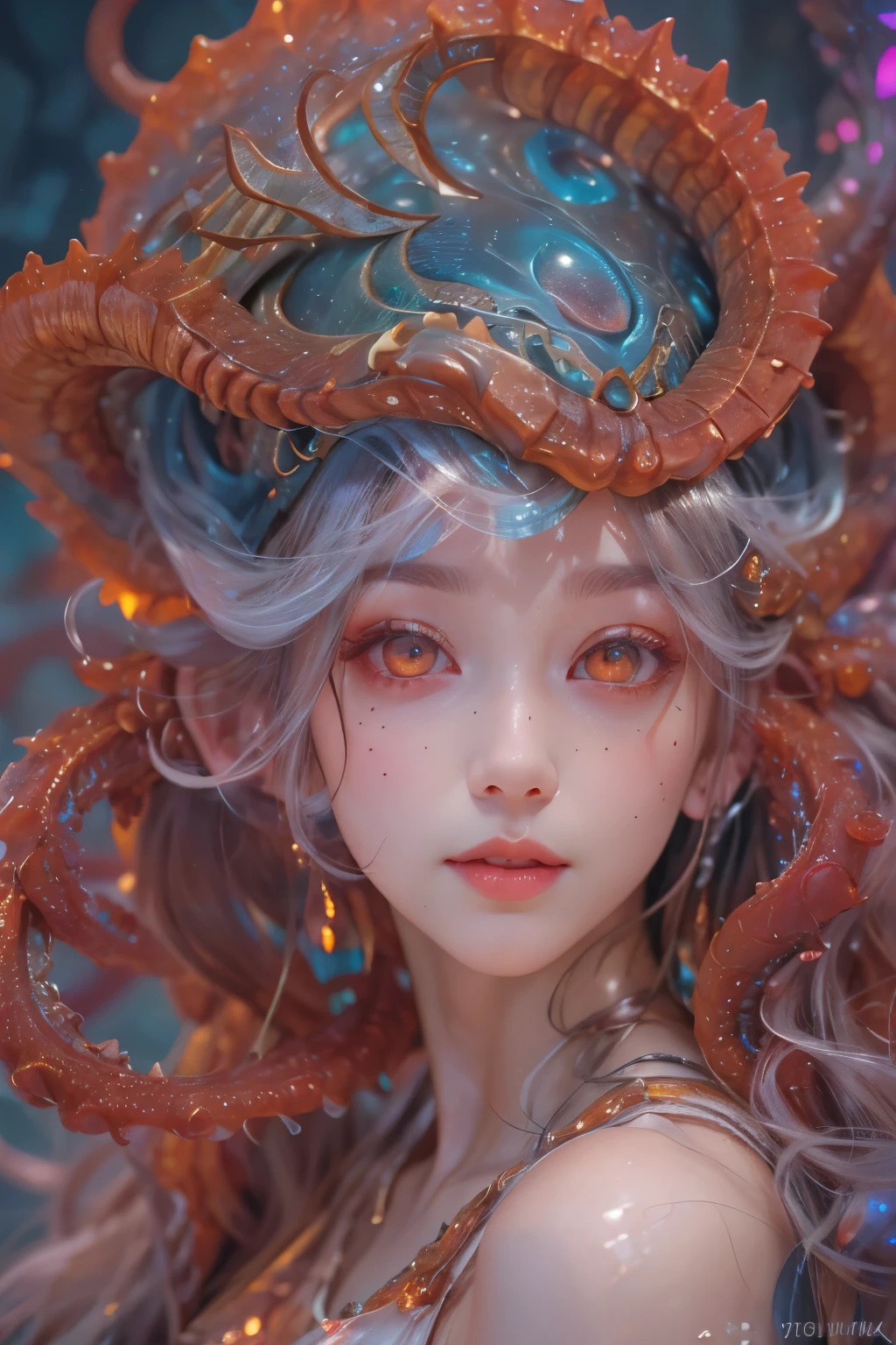 Portrait, (1 beautiful female alien:1.2), (There is a female genital-like organ in the middle of the forehead:1.8), (The most beautiful face in the history of the universe:1.2), (Scarlet eyes that shine mysteriously:1.6), (Translucent skin:1.8), an evil gaze that seduces, (red eyes:1.5), (large mouth:1.1), sharp teeth like a shark, Full body like, (bio luminescent:1.2), (Smile wickedly:1.3), (sexypose:1.5), alien, No humans, cells are fused, (Lots of translucent tentacles:1.1) (Translucent skin:1.3), extraterrestrial, cell, bio image, Best Quality, 8K,4K_quality, High Definition, Dramatic Lighting, masutepiece:1.5,cinematic quality, detail up, (Intricate details:1.2), High resolution, High Definition, drawing faithfully, (Thick eyebrows:1.2), Beautiful eyes with fine symmetry, (Ultra detailed eyes:1.2),(Highly detailed face and eyes:1.2), (High-resolution red-eye:1.4), Intimate face, (Super detailed skin quality feeling:1.4), Perfect Anatomy, (Beautiful toned body:1.5), (Moist skin:1.2), No makeup, (dark circles:1.1), long canines, cinematic drawing of characters, ultra high quality model, cinematic quality, detail up, (Intricate details:1.2), High resolution, High Definition, drawing faithfully, Official art, Unity 8K wall , 8K Portrait, Best Quality, Very High resolution, ultra detailed artistic photography, midnight aura, unreal enginee 5, Ultra Sharp Focus, art by alberto seveso, ArtGerm, Roisch, intricate artwork, best quality, masutepiece, ultra High resolution, (photos realistic:1.4), Ultra-realistic realism, dream-like, nautilus, Creation of fantasy, Snail, Dream Snail, (biopunk nautilus:1.3), Thrilling color schemes, Ultra-realistic realism, seductively smiling, Blue tentacles