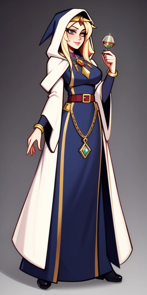 mstoconcept art, european and american cartoons, game character design, solo, 1girl, MAGICIAN, FEMALE FOCUS, GRAY BACKGROUND, WIZARD, FULL BODY, STANDING, HOOD, ROBE, MILF, JEWELRY, LONG BLONDE HAIR, BRACELET, WIDE SLEEVES, WOMAN, BELT, GEMSTONE, LONG SLEEVES, FEMALE VERSION