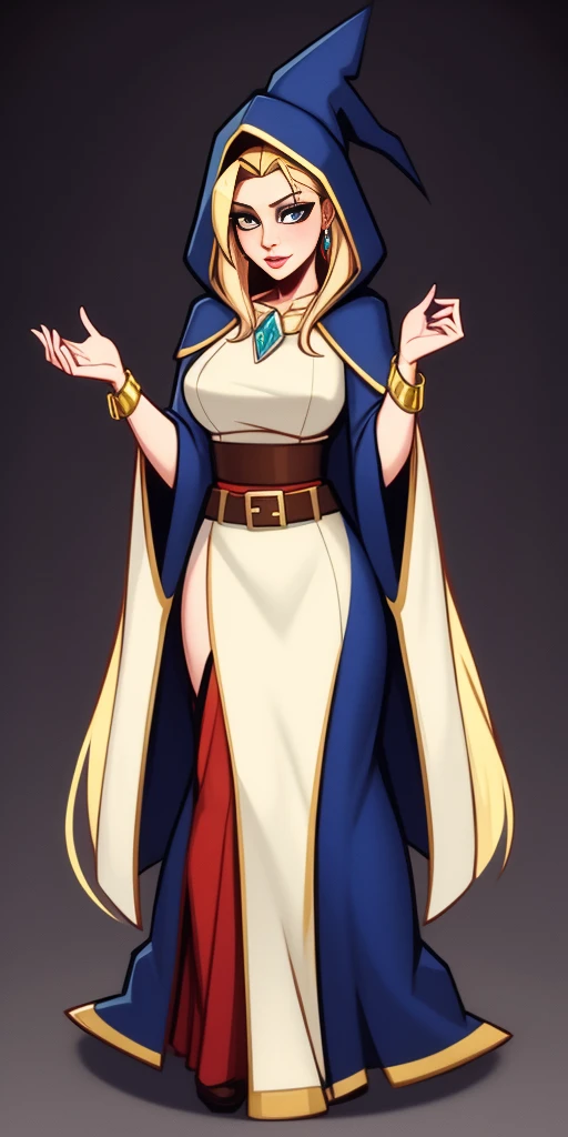 mstoconcept art, european and american cartoons, game character design, solo, 1girl, MAGICIAN, FEMALE FOCUS, GRAY BACKGROUND, WIZARD, FULL BODY, STANDING, HOOD, ROBE, MILF, JEWELRY, LONG BLONDE HAIR, BRACELET, WIDE SLEEVES, WOMAN, BELT, GEMSTONE, LONG SLEEVES, FEMALE VERSION