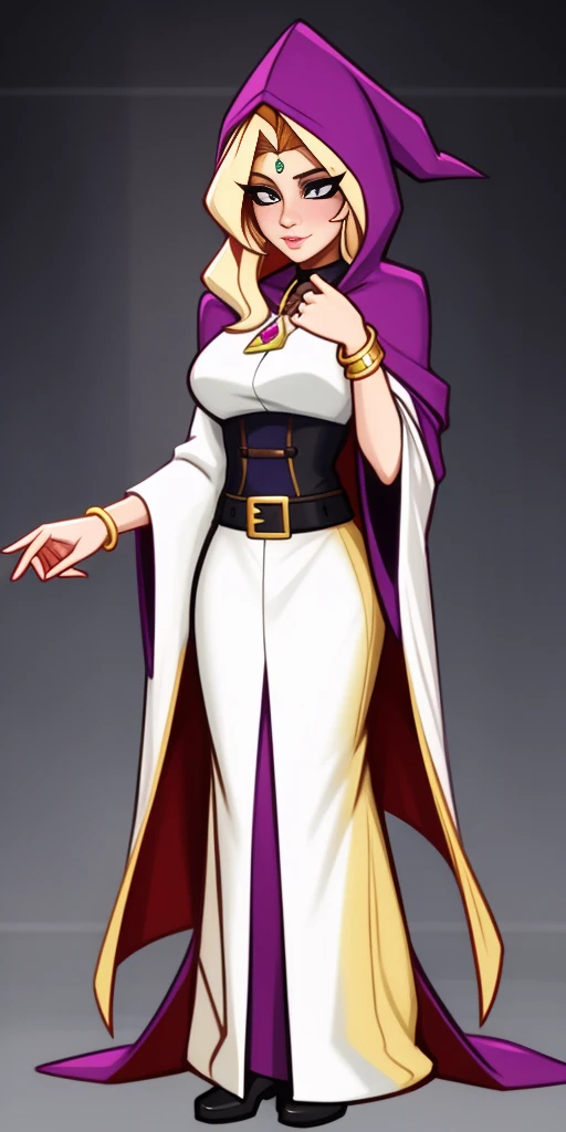 mstoconcept art, european and american cartoons, game character design, solo, 1girl, MAGICIAN, FEMALE FOCUS, GRAY BACKGROUND, WIZARD, FULL BODY, STANDING, HOOD, ROBE, MILF, JEWELRY, LONG BLONDE HAIR, BRACELET, WIDE SLEEVES, WOMAN, BELT, GEMSTONE, LONG SLEEVES, FEMALE VERSION