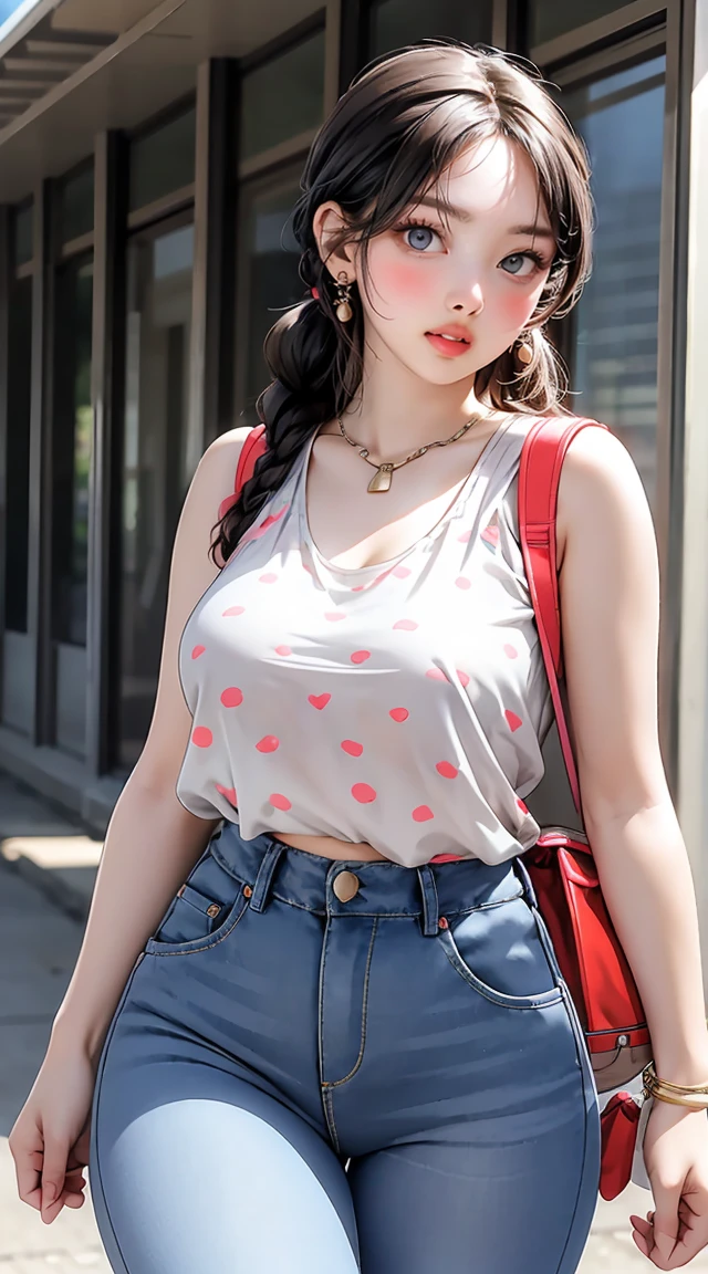 The girl from the rain, “masterpiece” , A wet pink t shirt, Asian city, Korea girl, Sexy body, sexy big boobs, Middle of the road, red hair, full body, full portrait, ((top shot))
