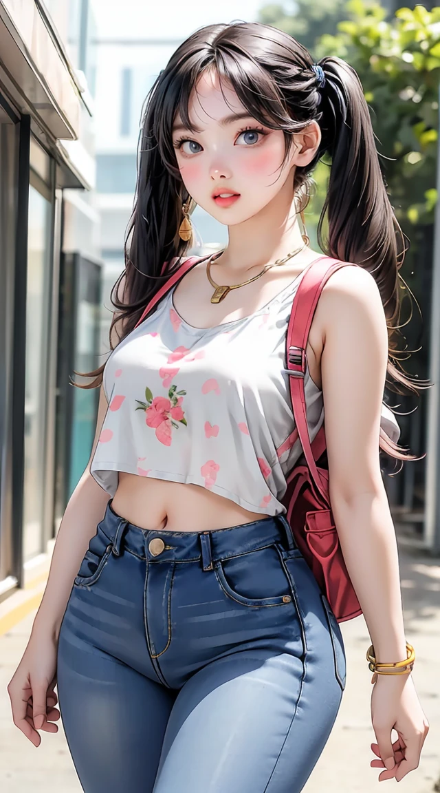 (masterpiece, best quality), perfect slim fit body, thick thighs, nice breasts, braided twintails, printed sleeveless cropped blouse, jeans, necklace, bracelets, backpack, big gorgeous eyes, parted lips, blush, walking pose, college compound, natural lighting