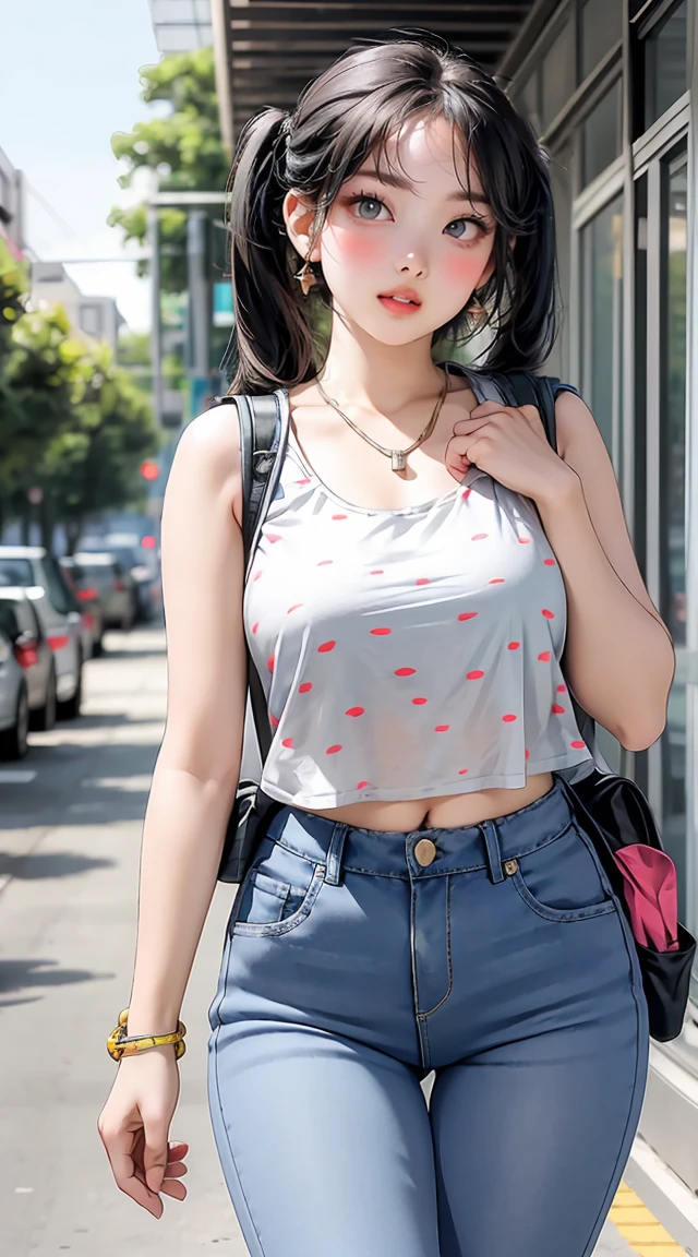 (masterpiece, best quality), perfect slim fit body, thick thighs, nice breasts, braided twintails, printed sleeveless cropped blouse, jeans, necklace, bracelets, backpack, big gorgeous eyes, parted lips, blush, walking pose, college compound, natural lighting