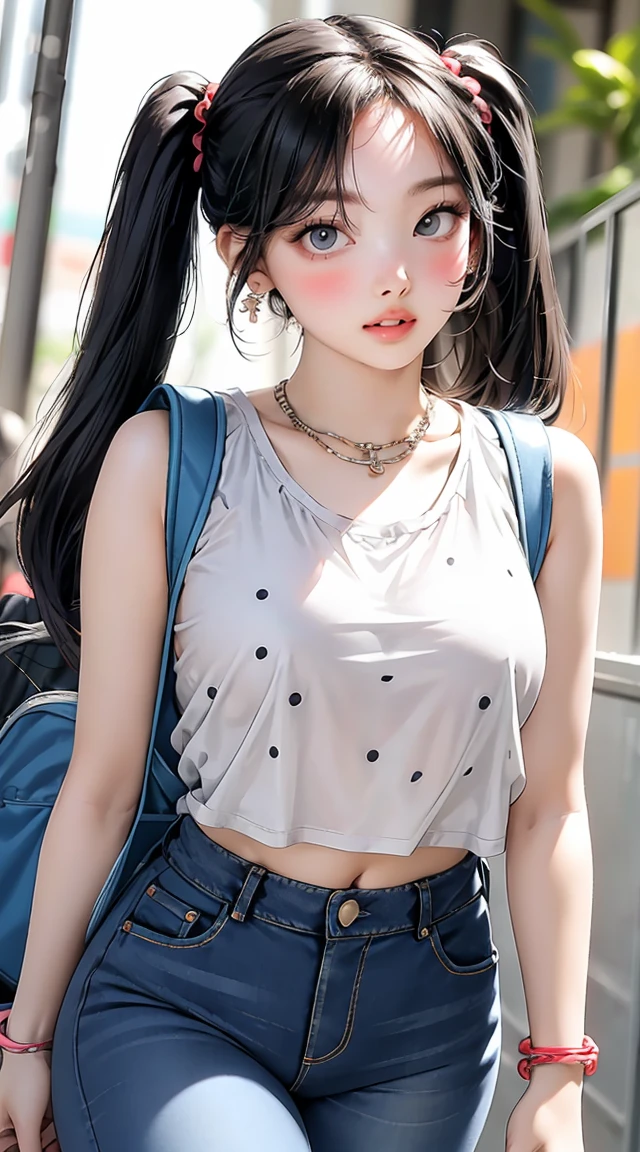 (masterpiece, best quality), perfect slim fit body, thick thighs, nice breasts, braided twintails, printed sleeveless cropped blouse, jeans, necklace, bracelets, backpack, big gorgeous eyes, parted lips, blush, walking pose, college compound, natural lighting