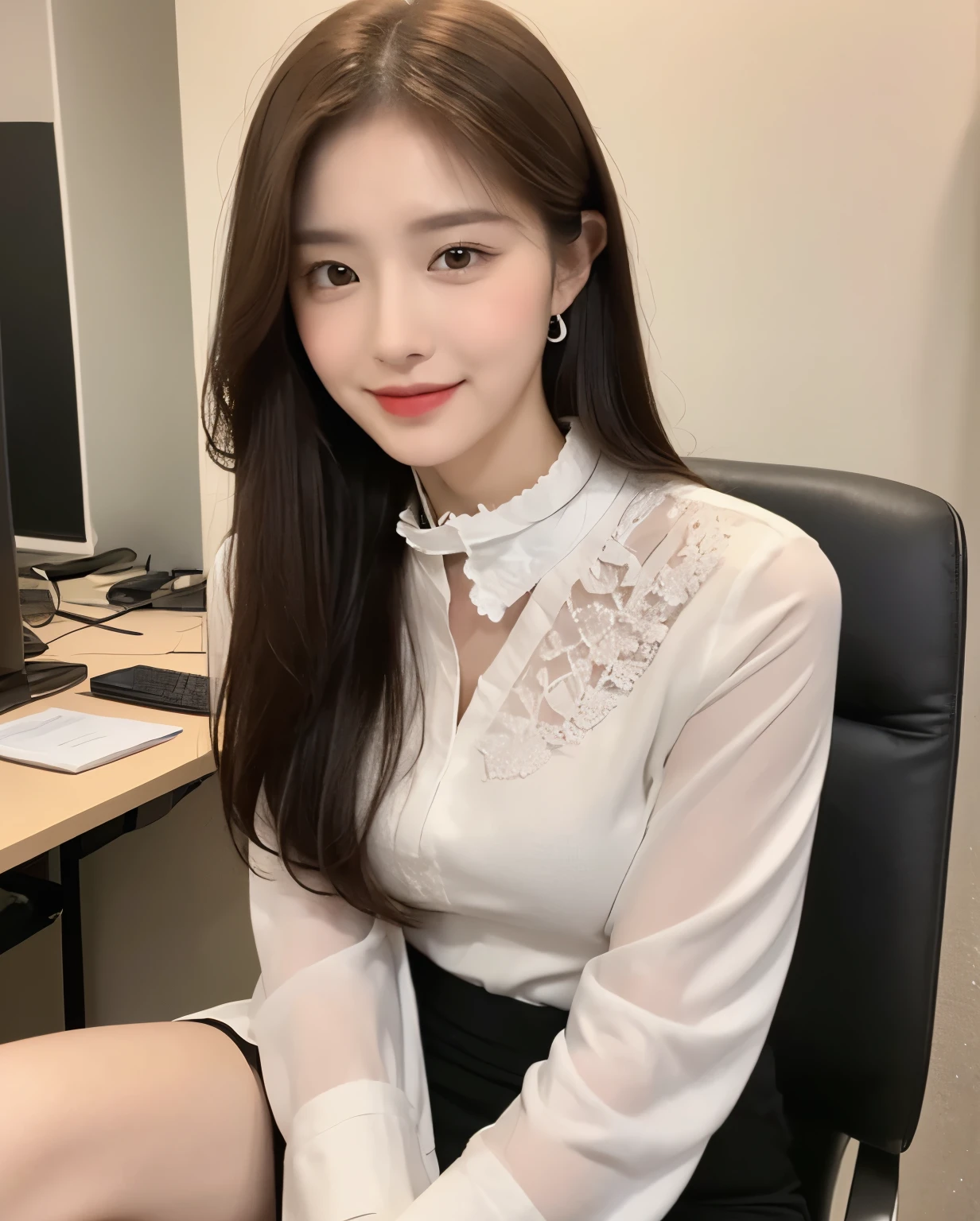 (Masterpiece, best resolution: 1.2), (brown eyes), seduction, smile, long brown hair, small breast, high-definition facial features, 8K, double eyelids, delicate facial feature, (((office))), ((((white Skipper Collar Sleeve Blouse with intricate details)))、(black trousers)、sitting on a chair, computer