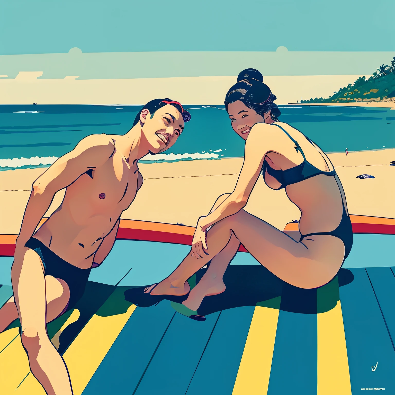 Illustration style、ukiyoe painting、26 year old、the beach、swim wears