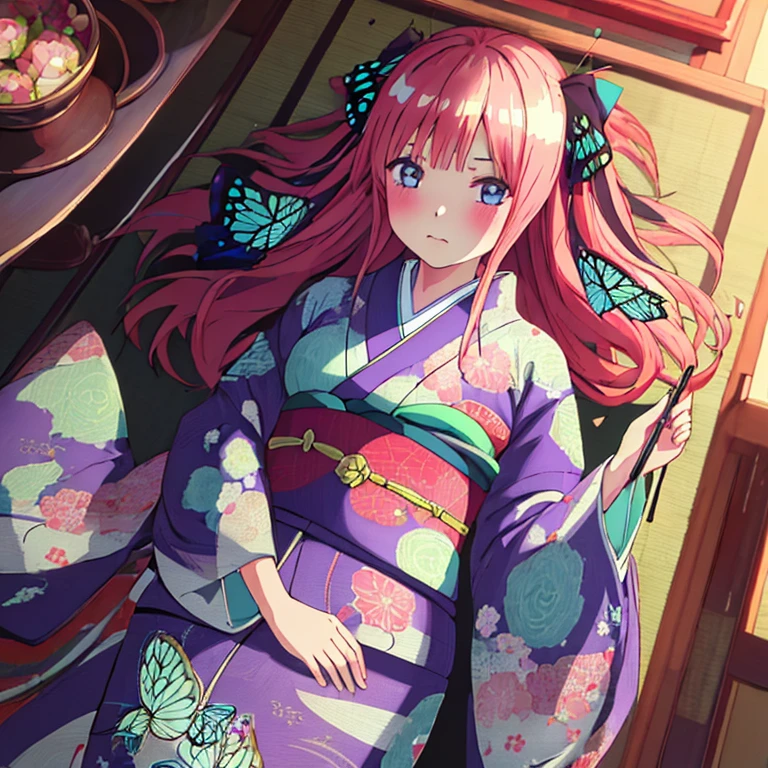 {Best Quality}, {very aesthetic}, {Ultra-detailed}, {Best Illustration}, one girls, japanese kimono, Kimono with butterfly pattern