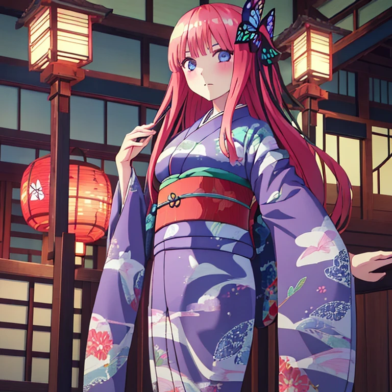 {Best Quality}, {very aesthetic}, {Ultra-detailed}, {Best Illustration}, one girls, japanese kimono, Kimono with butterfly pattern