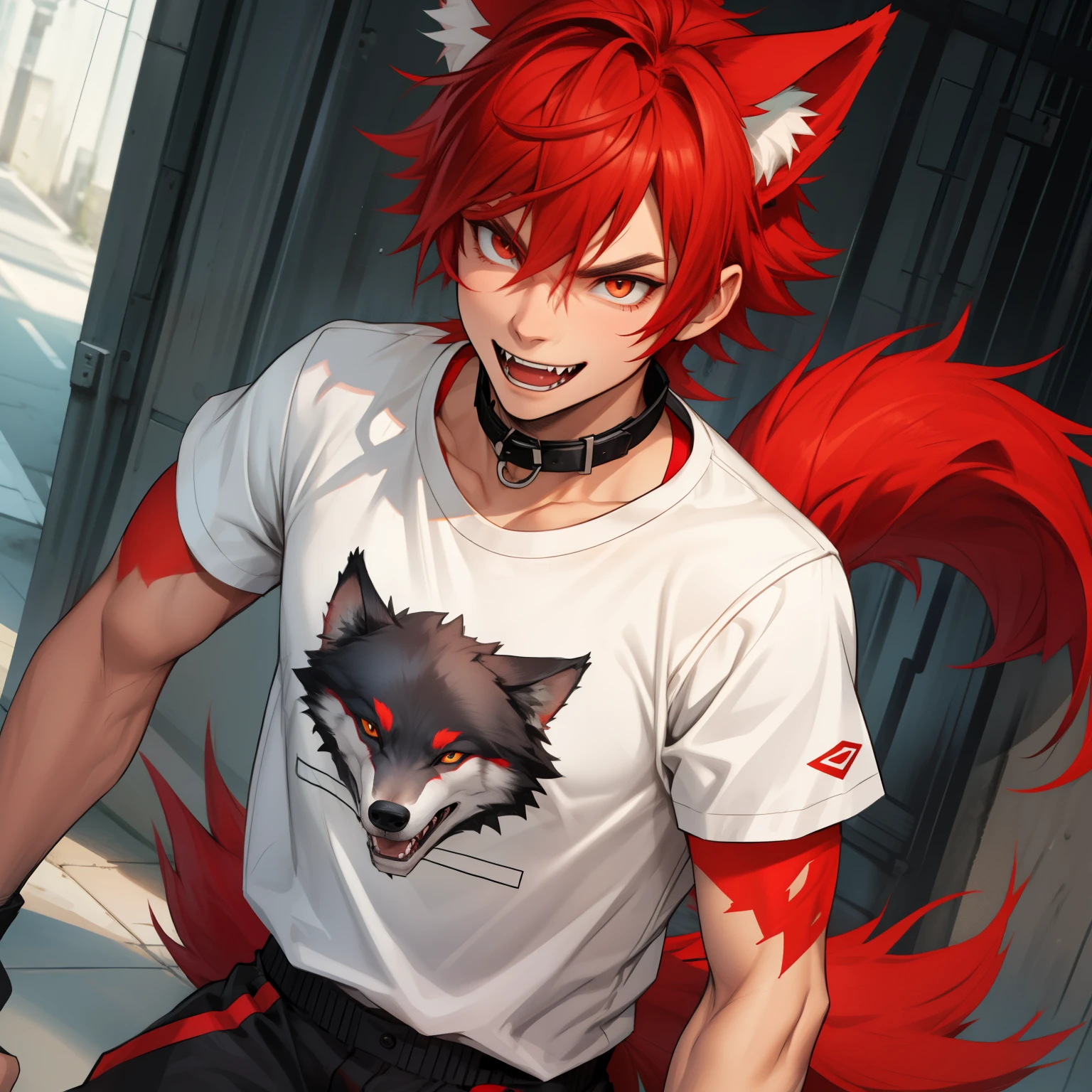 lithe male with red hair, wolf ears and wolf tail, wearing graphic t-shirt, cute fangs, wearing collar, solo, alone, (SOLO)(ALONE) slim figure