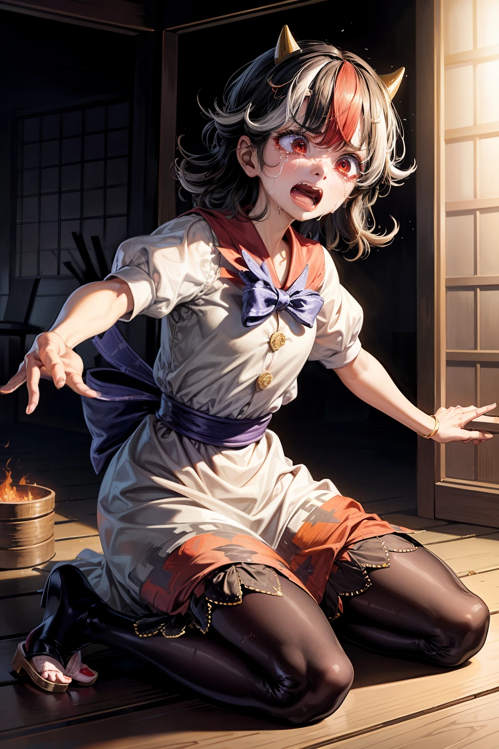 (masterpiece, top quality, best quality, beautiful and aesthetic:1.2), kijin seija, 1girl,horns,short hair,multicolored hair,red eyes,bow,short sleeves, bracelet, dress, japanese architecture, surprised, :o, beam, laser, glaring body, open box, box, open mouth, jaw drop, wide-eyed, panicking, horrified, screaming, sobbing, traumatized, turn pale, wavy mouth, glowing, glow, outer glow,