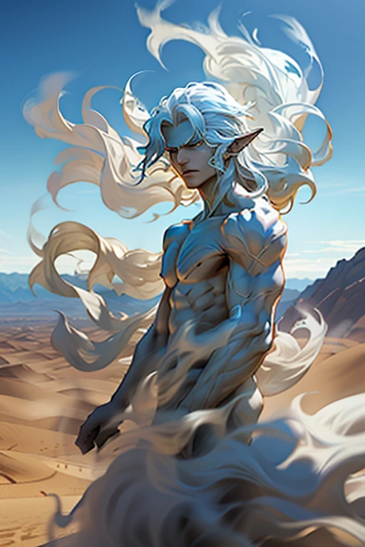 witcher, Disney, masterpiece, expressive eyes, perfect face, 
1boy, handsome man, 20 years old, air elemental, floating hair, white eyes, long hair, male focus, pointy elf ears, white hair, nude, stripped naked,
cowboy shot, dynamic pose, flying,
detailed background, fantasy desert, magic, clear sky, daylight, blowing wind,