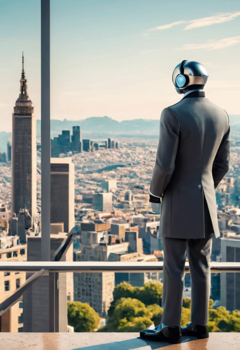 Robot Butler looking at the horizont from a tower, big City in back ground