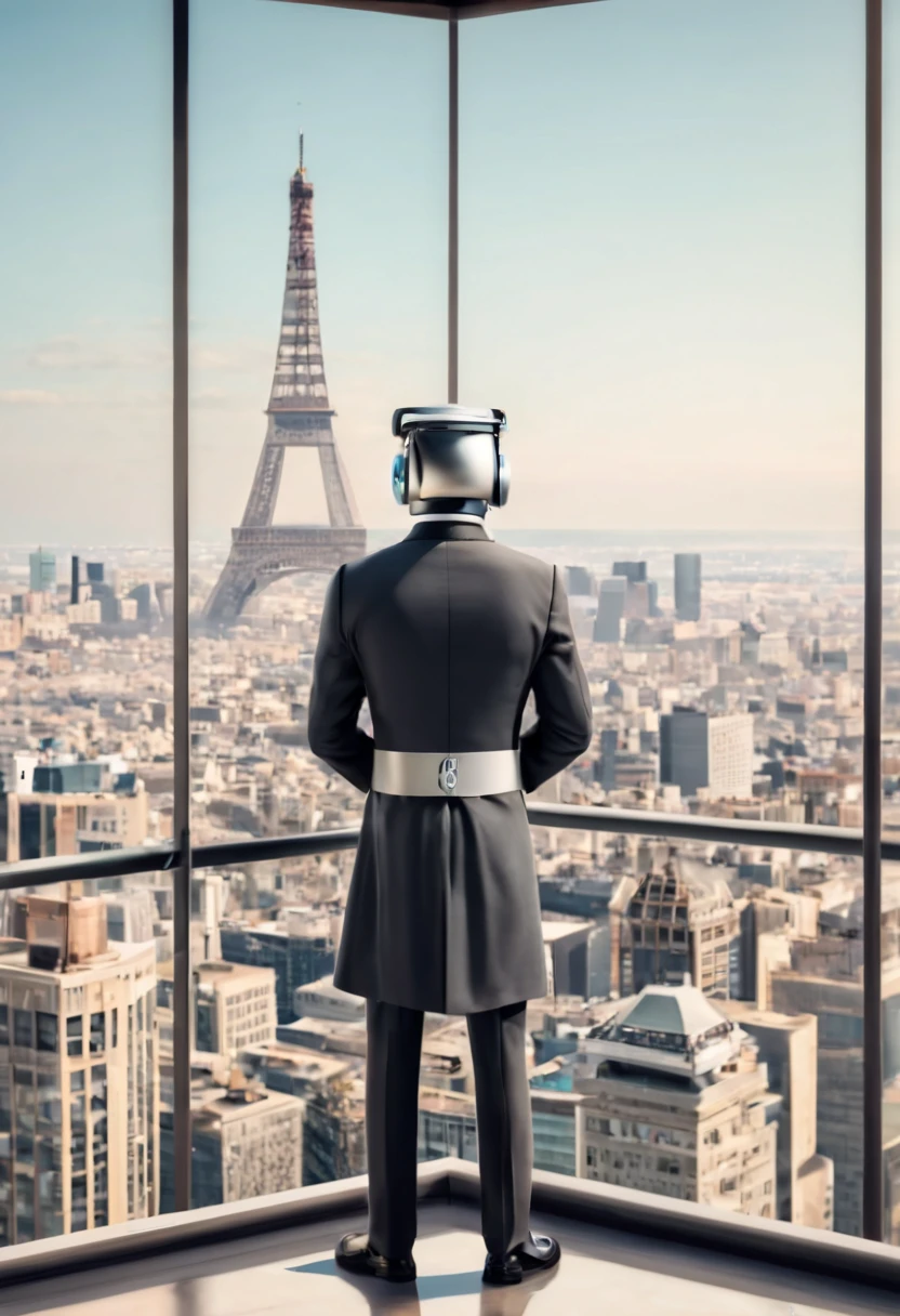 Robot Butler looking at the horizont from a tower, big City in back ground