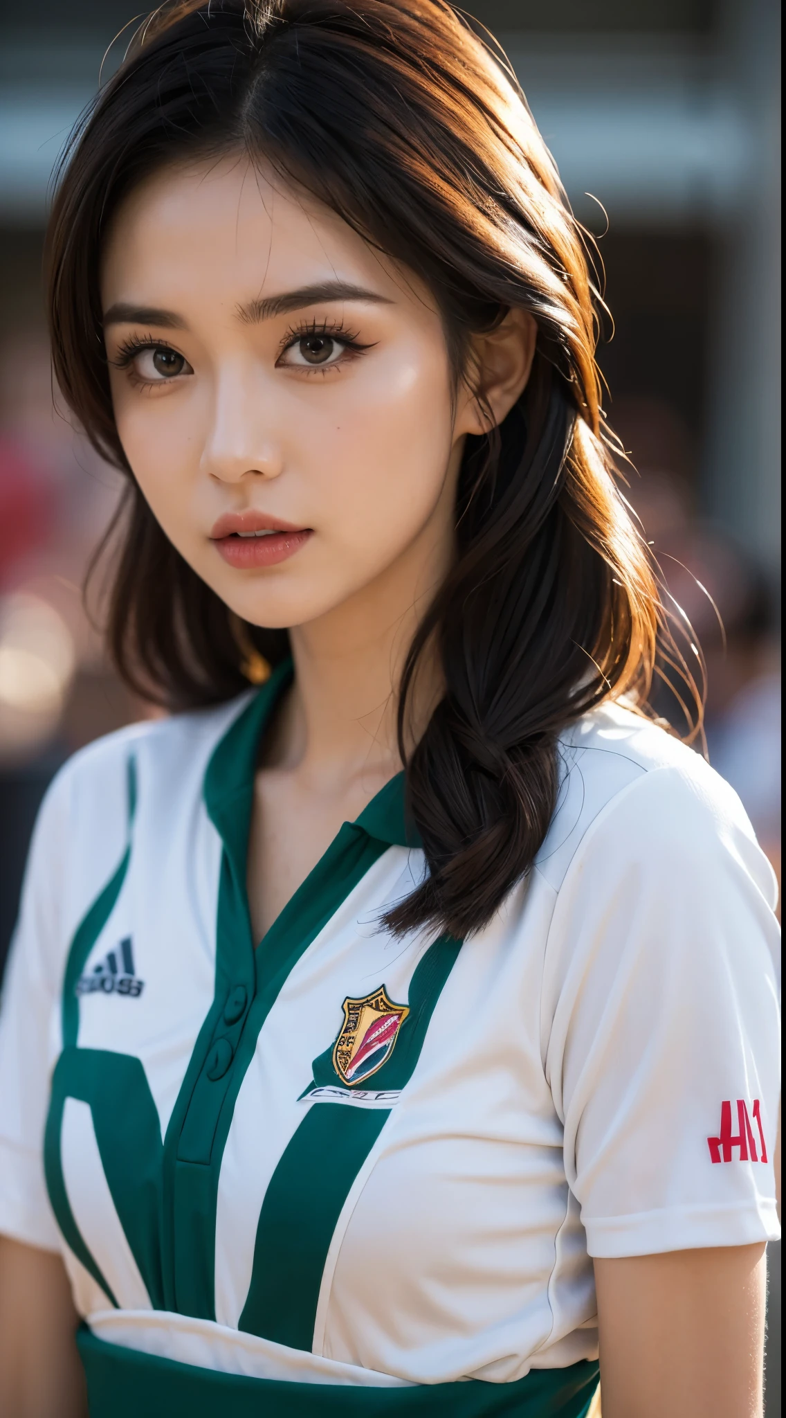30 years Woman, make-up, sporting outfit, cinematic light, master piace, super detail, excited