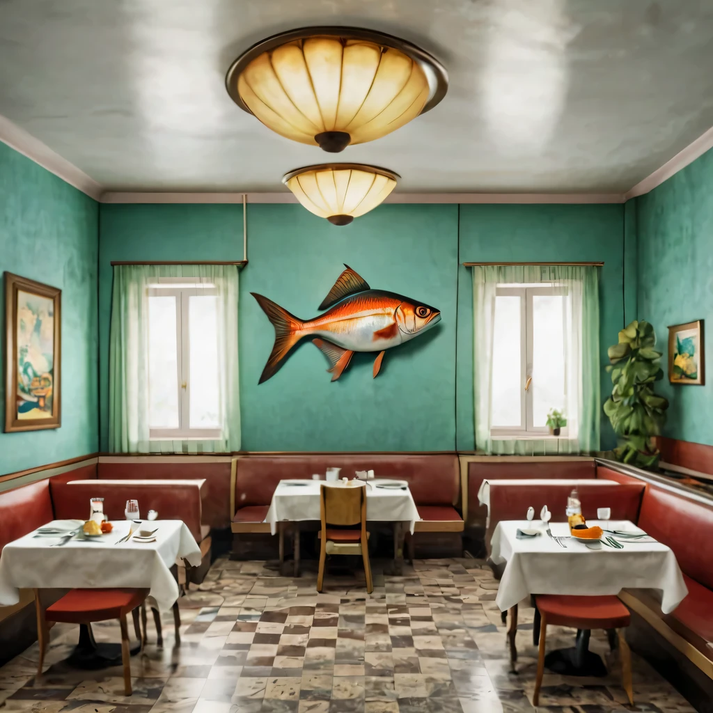 Artistic photograph of a restaurant dining room from the 1980s., style of the USSR, On the wall in the dining room hangs a poster with the inscription: "THURSDAY – FISH DAY", Fish dishes on the dinner tables., all fish food, Maximum realism, high detail, Ultra-detailed, Realistic, photoRealistic:1.37, studio lightning, Raw photos, full - body.