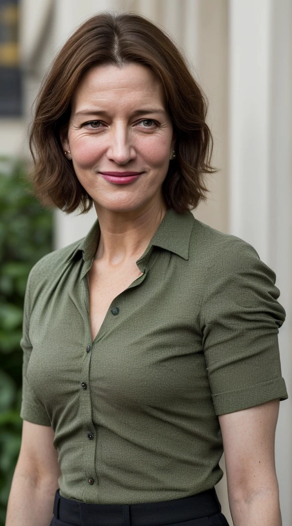 smiling woman with short brown hair and red shirt with dark green slacks, this person does not exist, 40 years old, with very thin lips, casually dressed, kelly macdonald-julie andrews-bebe neuwirth-tina fey-bonnie bedelia-marin hinkle-penny marshall-najwa nimri-melanie lynskey-anne parillaud-paz vega-emma thompson merged, entire body visible, full body, hyperrealistic, best quality, 8K, real human skin, masterpiece, extremely intricate, medium closeup, detailed eyes, detailed face, detailed body, exaggerated features, pronounced features