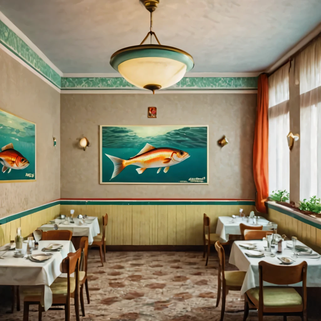 Artistic photograph of a restaurant dining room from the 1980s., style of the USSR, On the wall in the dining room hangs a poster with the inscription: "THURSDAY – FISH DAY", Fish dishes on the dinner tables., all fish food, Maximum realism, high detail, Ultra-detailed, Realistic, photoRealistic:1.37, studio lightning, Raw photos, full - body.