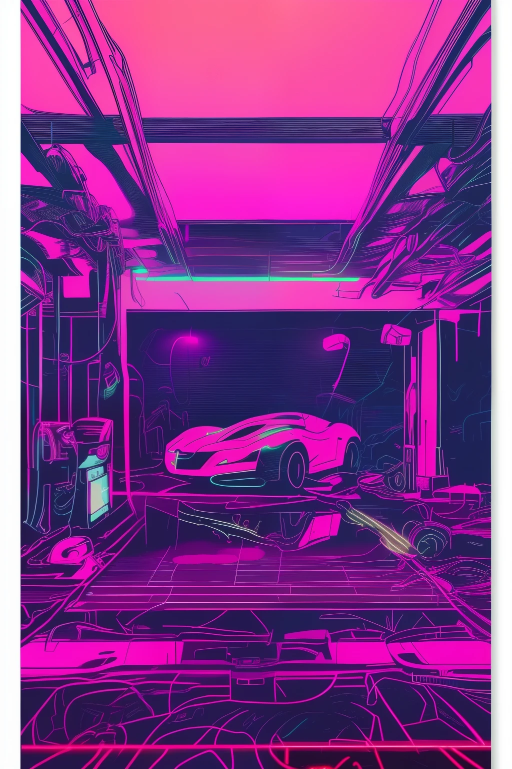 (((blacklight poster style with neon colors and neon outlines of 1 futuristic sports car parked in front of a garage))), vehicle, full body photo, wide angel, sport car, highlight, album, vehicle photography, full view of a sport car, new vehicle, exotic, poster photo, wheels high detail, glowing light, masterpiece, textured skin, super detail, high quality, award winning, highres, 4K, 8k, ((( no people))), (((No license plate))), ((( no text)))