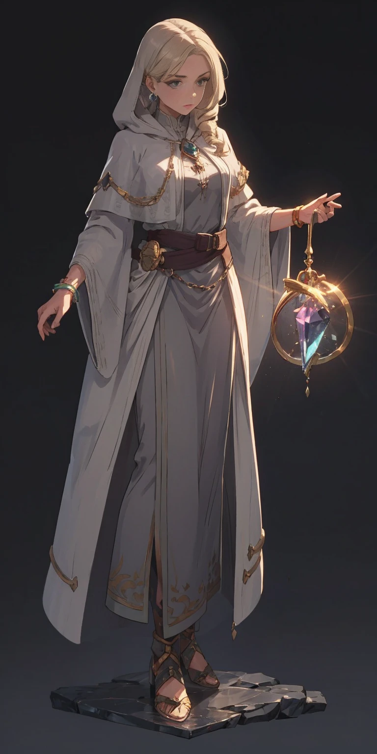 mstoconcept art, european and american cartoons, game character design, solo, 1girl, MAGICIAN, FEMALE FOCUS, GRAY BACKGROUND, WIZARD, FULL BODY, STANDING, HOOD, ROBE, MILF, JEWELRY, LONG BLONDE HAIR, BRACELET, WIDE SLEEVES, WOMAN, BELT, GEMSTONE, LONG SLEEVES, FEMALE VERSION