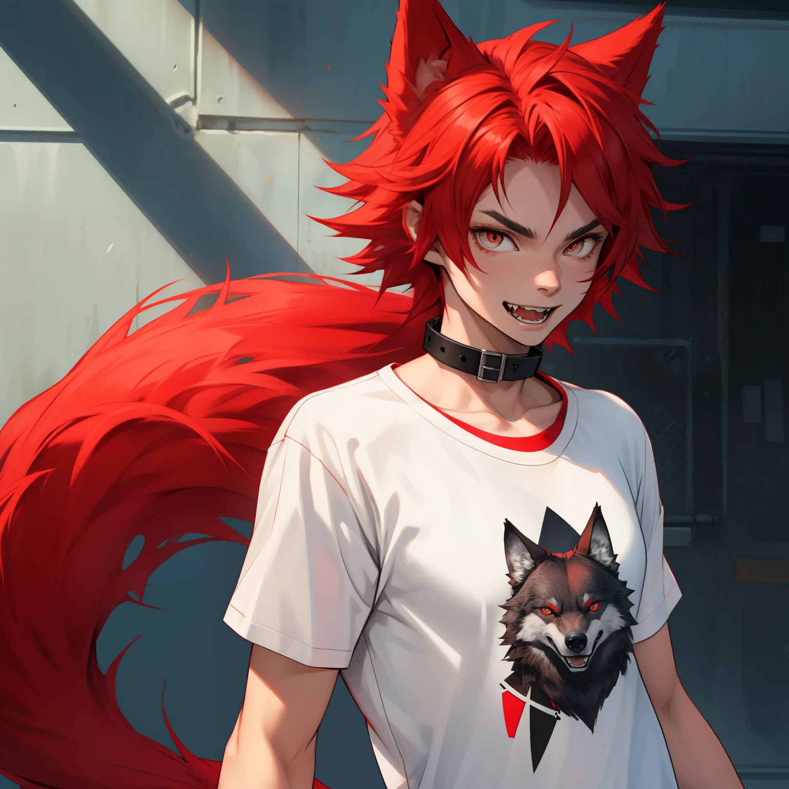 lithe male with red hair, wolf ears and wolf tail, wearing graphic t-shirt, cute fangs, wearing collar, solo, alone, (SOLO)(ALONE) slim figure