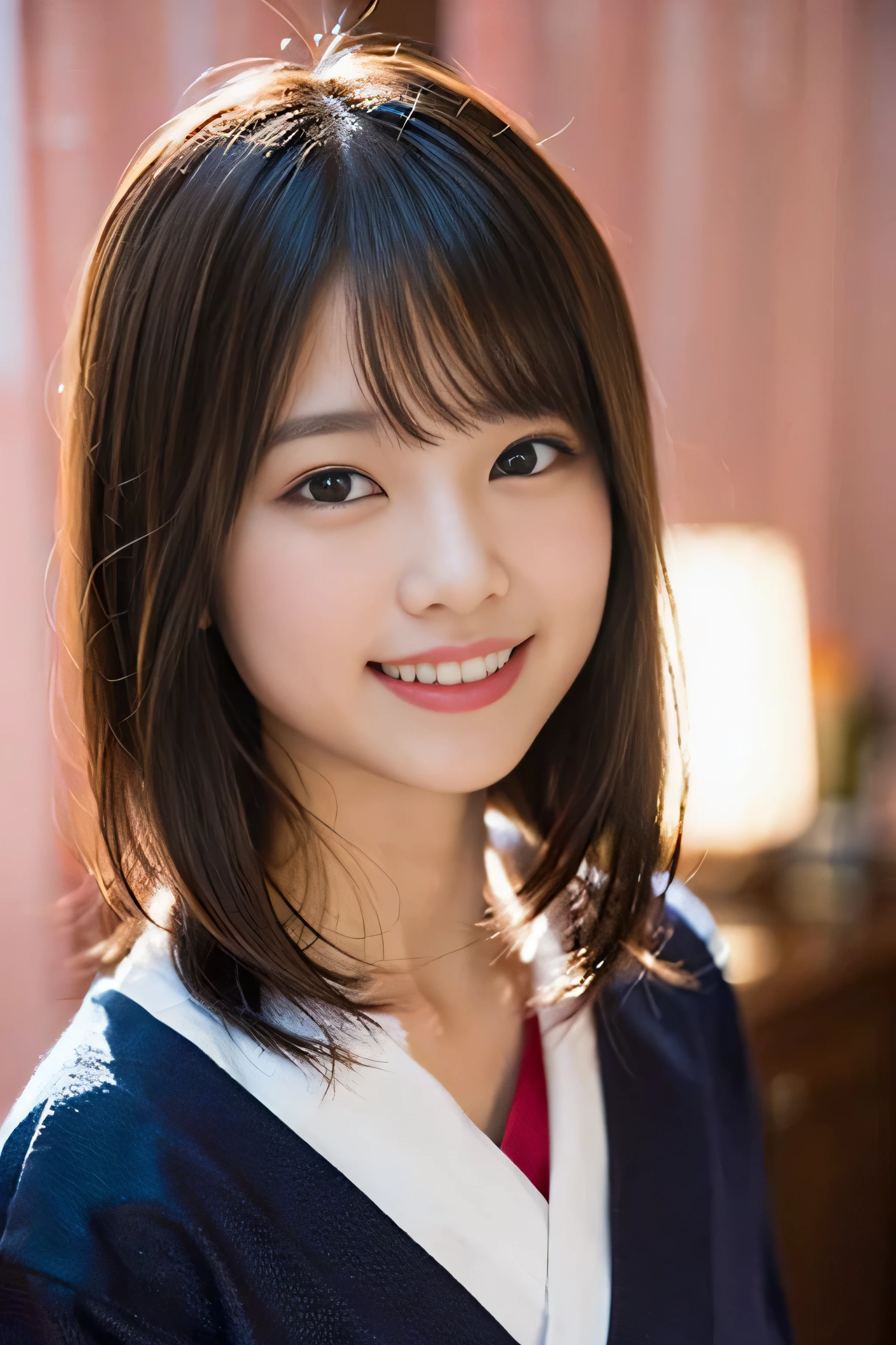 (8K、Raw photography、top-quality、​masterpiece:1.2)、(realisitic、Photorealsitic:1.37)、ultra-detailliert、超A high resolution、女の子1人、see the beholder、beautifull detailed face、A smile、Constriction、(Slim waist) :1.3)、Beautiful detailed skin、Skin Texture、Floating hair、Professional Lighting、Whole human body、Longhaire、Japanese Yukata、Bob Hair、E-cup、Happy smile、sixteen years old、Red ribbons、a baby face、Childish smile、Suppin、Moisturizing lips、Thin pink lips、White background