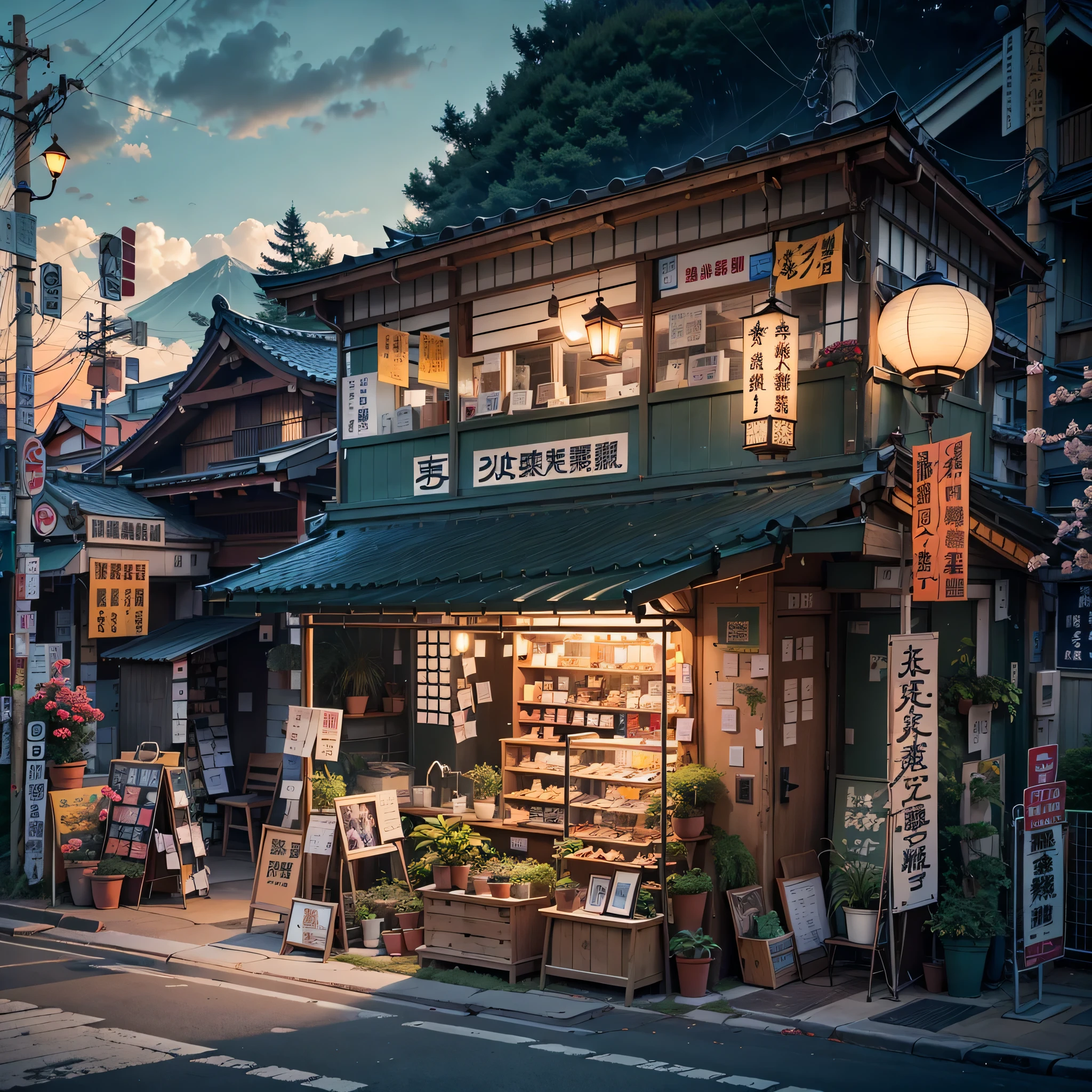 jpn, 山中路边的现代jpn商店, 现代jpn建筑, suns-set, sunsset, suns set, suns, Best quality, (NOhumans: 1), jpn动画片, jpn动画片 style, praise, Dramatic weather, jpn商店招牌, praise style, vegetation, The tree, 霓虹Lamp light, flower pots, Lamp light笼, Lamp light