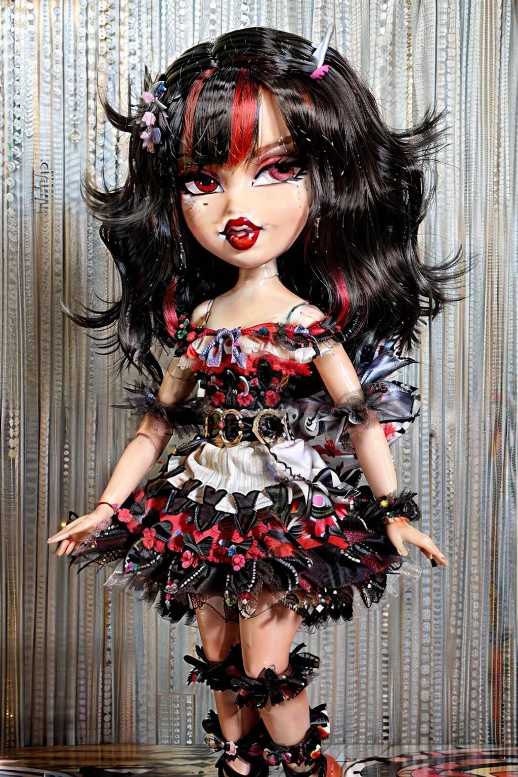 Bratz girl with detailed eyes and big lips and streaked multicolored hair, wearing versace colorful flowers dress, full body , plastic skin , doll joints , ,(masterpiece, top quality, best quality, beautiful and aesthetic:1.2), kijin seija, doll, revealing clothes, big head, 1girl, solo, breasts, curvy, wide hips, narrow waist, joints, doll joints, cleavage, bursting breasts, huge breasts, lips, 1girl, black hair, white hair, red hair, horns,short hair,multicolored hair,red eyes,bow,short sleeves, bracelet, dress,, full body, high heels, thighhighs, long legs,