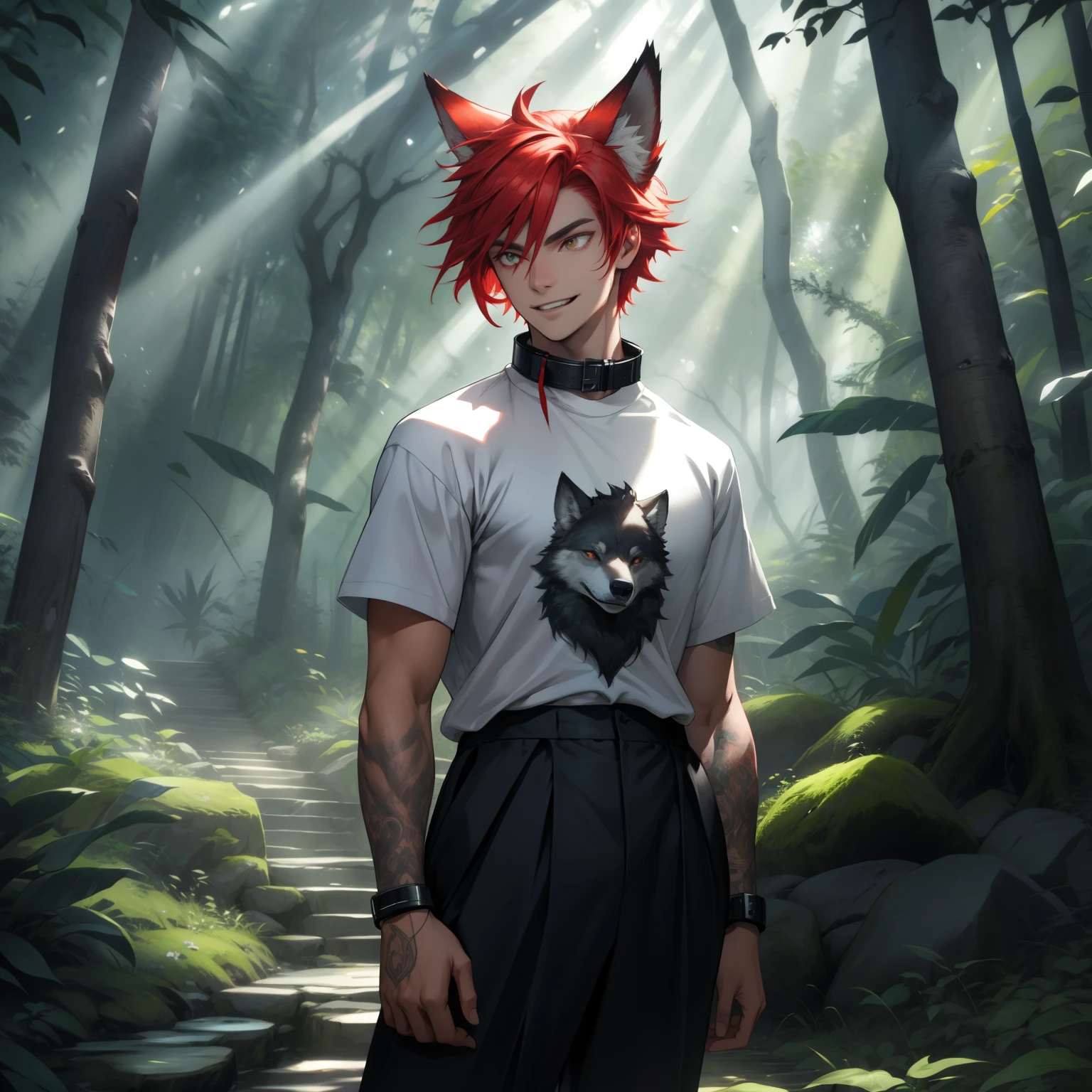 In a lush forest, a lithe male with striking red hair catches your attention. He possesses a captivating charm, enhanced by the presence of his distinct wolf ears and a fluffy wolf tail, which accentuate his enigmatic aura. Clad in a fashionable graphic t-shirt that reflects his vibrant personality, he stands out amidst the surrounding greenery. His endearing smile reveals cute fangs, adding a touch of playfulness to his charismatic appearance. Completing his ensemble, he wears a stylish collar, symbolizing his sense of individuality and independence. With a slim figure and an air of confidence, he exudes a sense of and tranquility as he basks in the solitude of the forest. The scene is rendered in the highest quality, showcasing every minute detail with stunning clarity. The image exhibits a realistic and photorealistic style, portraying the vibrant colors of the lush landscape and the intricate textures of the protagonist's appearance. The lighting gently illuminates the scene, casting soft rays of sunlight that create a serene atmosphere.