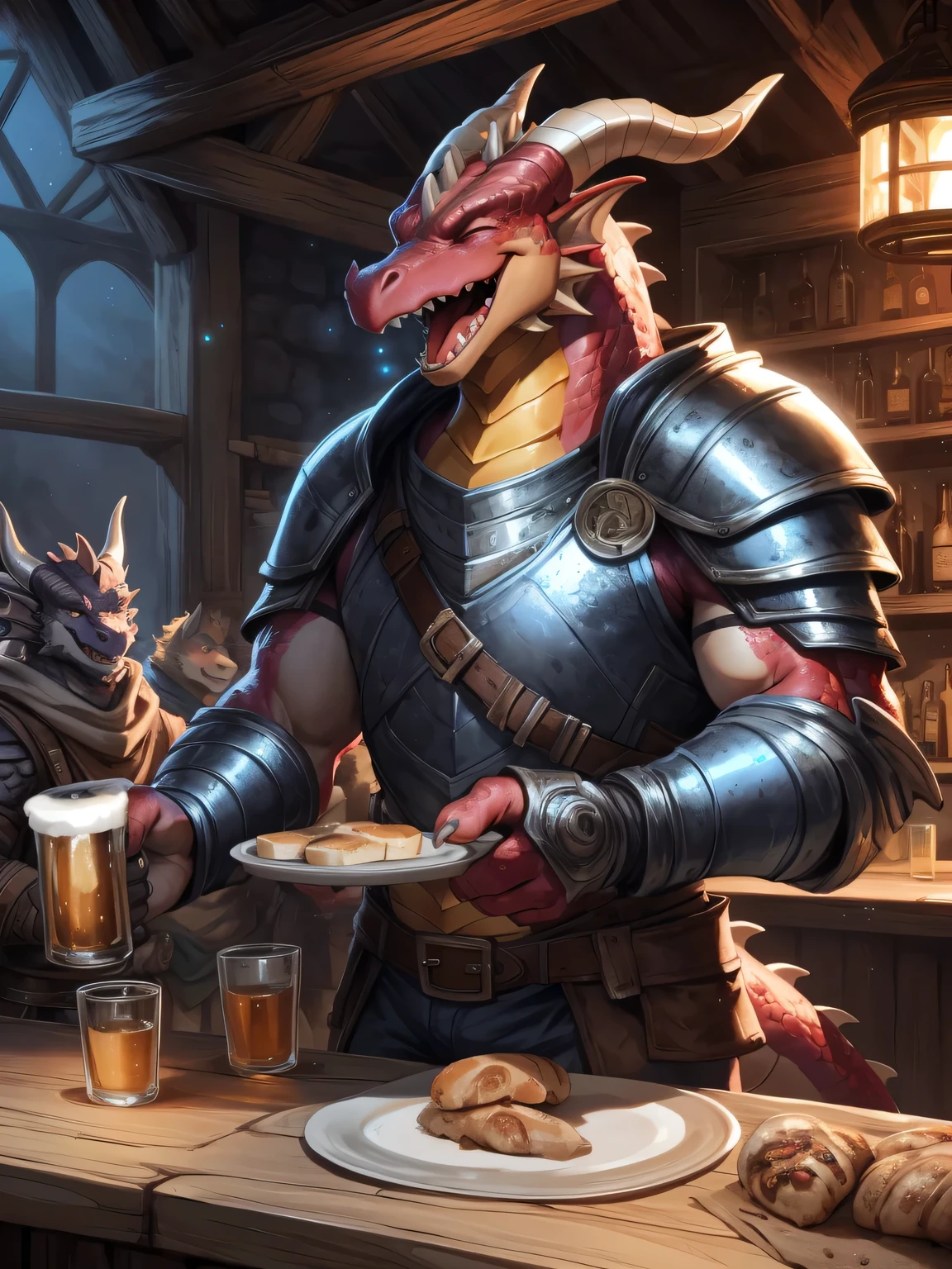 Alone, male people, adventurer, (male people anthro dragon:1.3), (Red body:1.1), Yellow belly, (Permanent:1.3), (beast wild:1.2), (pub:1.23), Heavy armor, (plate armor), (laughingly:1.3), With his eyes closed, with her mouth open, Tongue stock, (Piva), 詳細な目, Dragon tail, horn, (bust), (詳細な目), (Indoors:1.35), desks, Bar reception, food, Excuse me, crowd of, (Dark:1.4), (Particle ,glowworm, blue glowing:1.3), detailedbackground, 8K high-definition, (Dark shadows, Wide dynamic range, HighDynamicRange, Low light:1.2), by Pino Deheni, Kanikai, Milk Tiger 1145, (only), [Dagasi, ys]