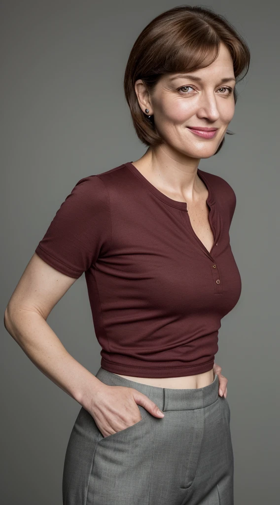 smiling woman with short brown hair and red shirt with dark green slacks, this person does not exist, 40 years old, with very thin lips, casually dressed, kelly macdonald-julie andrews-bebe neuwirth-tina fey-bonnie bedelia-marin hinkle-penny marshall-najwa nimri-melanie lynskey-anne parillaud-paz vega-emma thompson merged, entire body visible, full body, hyperrealistic, best quality, 8K, real human skin, masterpiece, extremely intricate, medium closeup, detailed eyes, detailed face, detailed body, exaggerated features, pronounced features
